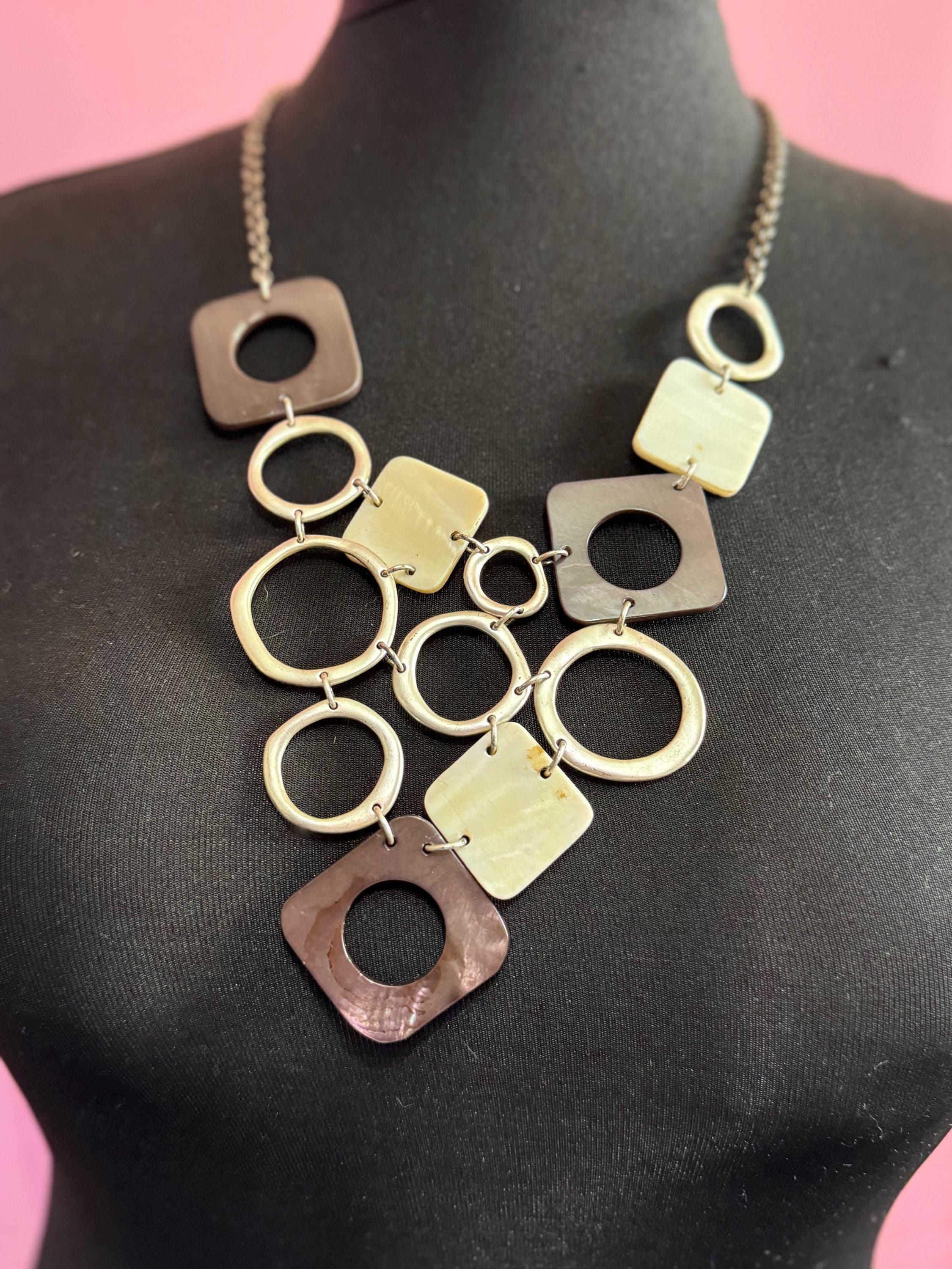 Signed JAEGER statement bib necklace with mother of pearl and wooden panels