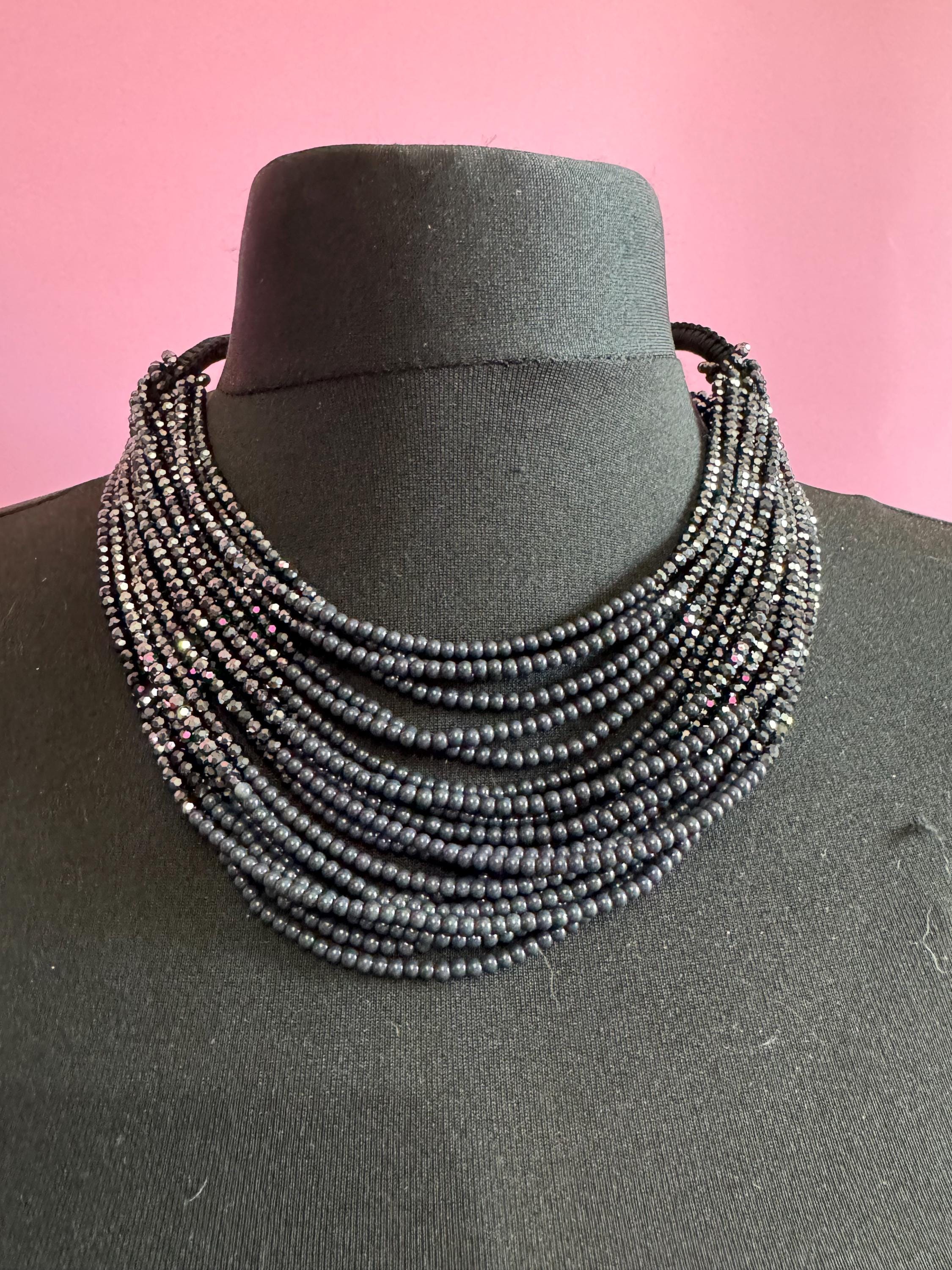 signed statement grey black faceted glass beaded wide bib Multistrand choker necklace