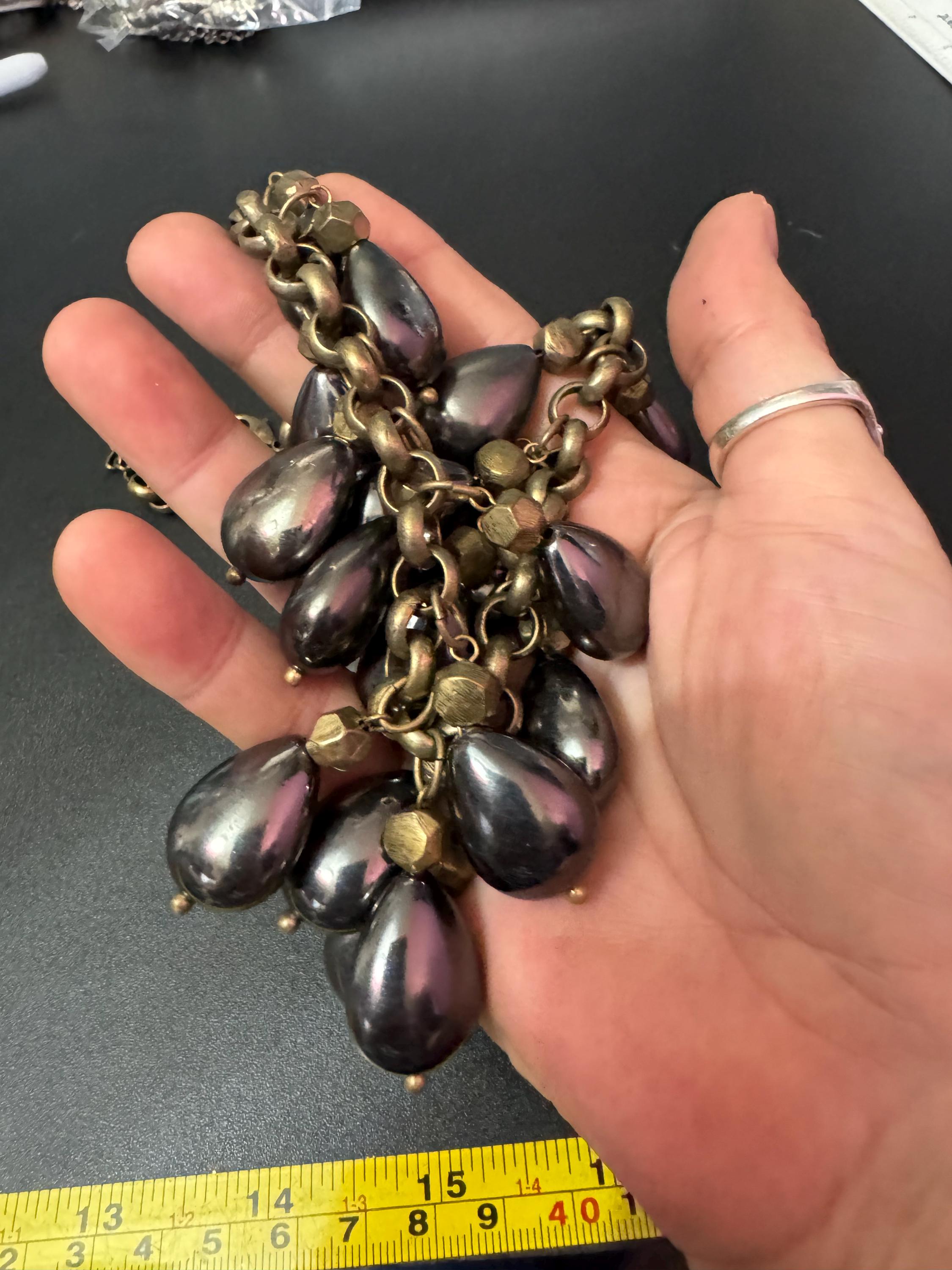 grey black pebble glass beaded  runway fashion fringed collar necklace,  retro