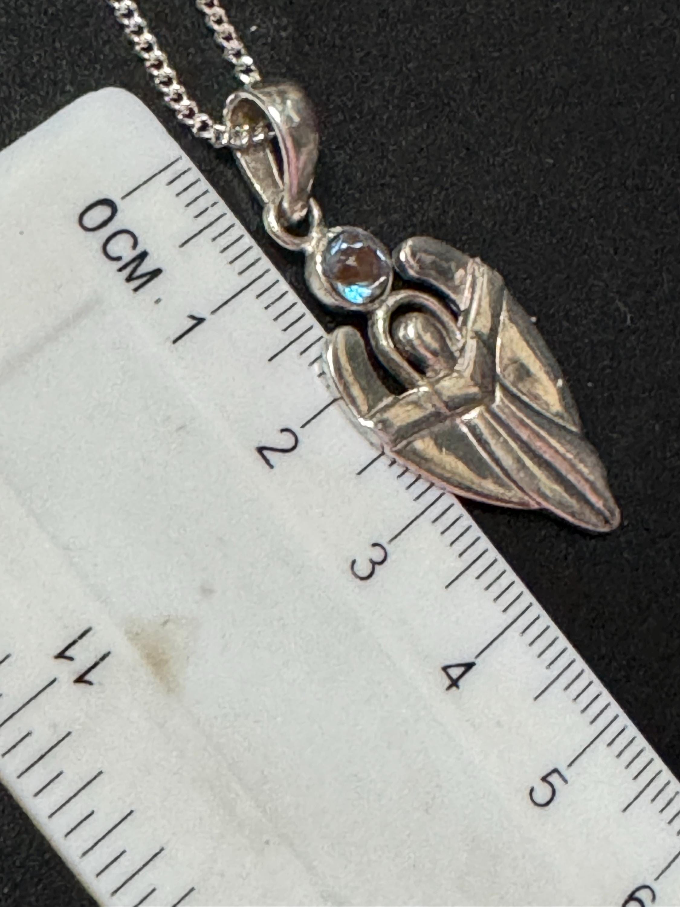 925 sterling silver Czech saphiret gemstone angel pendant and fine chain
