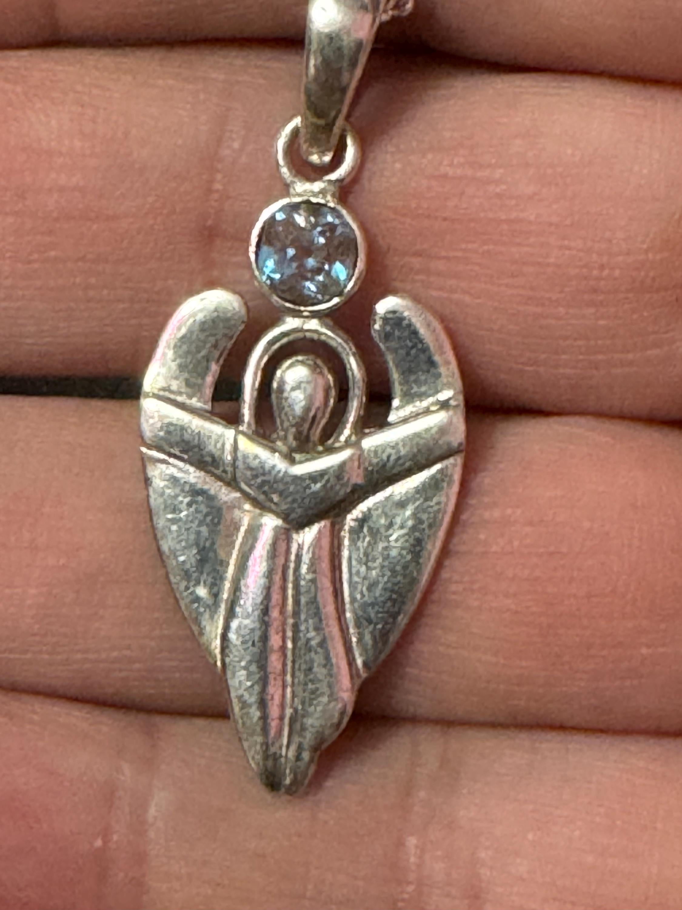 925 sterling silver Czech saphiret gemstone angel pendant and fine chain