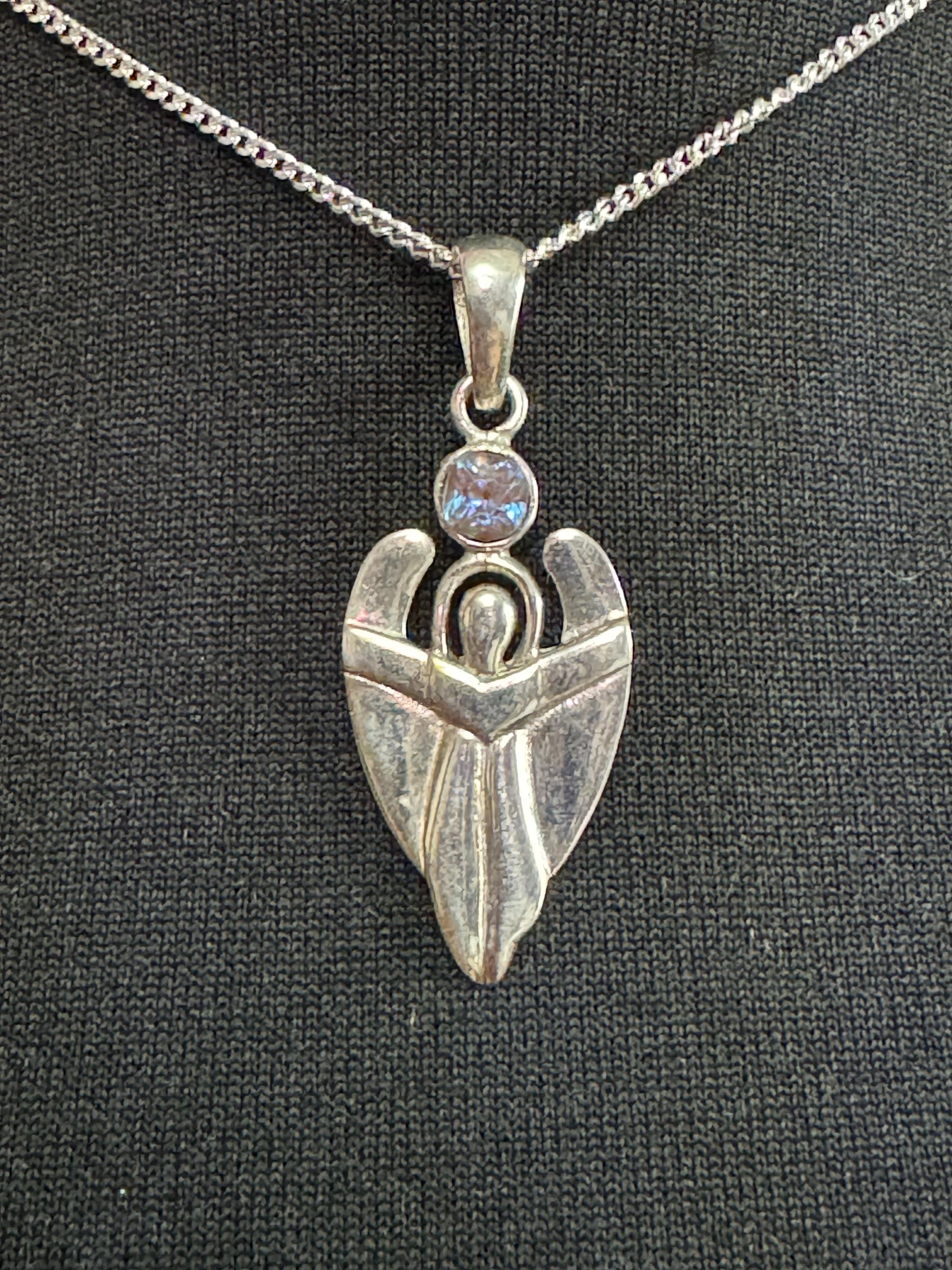 925 sterling silver Czech saphiret gemstone angel pendant and fine chain