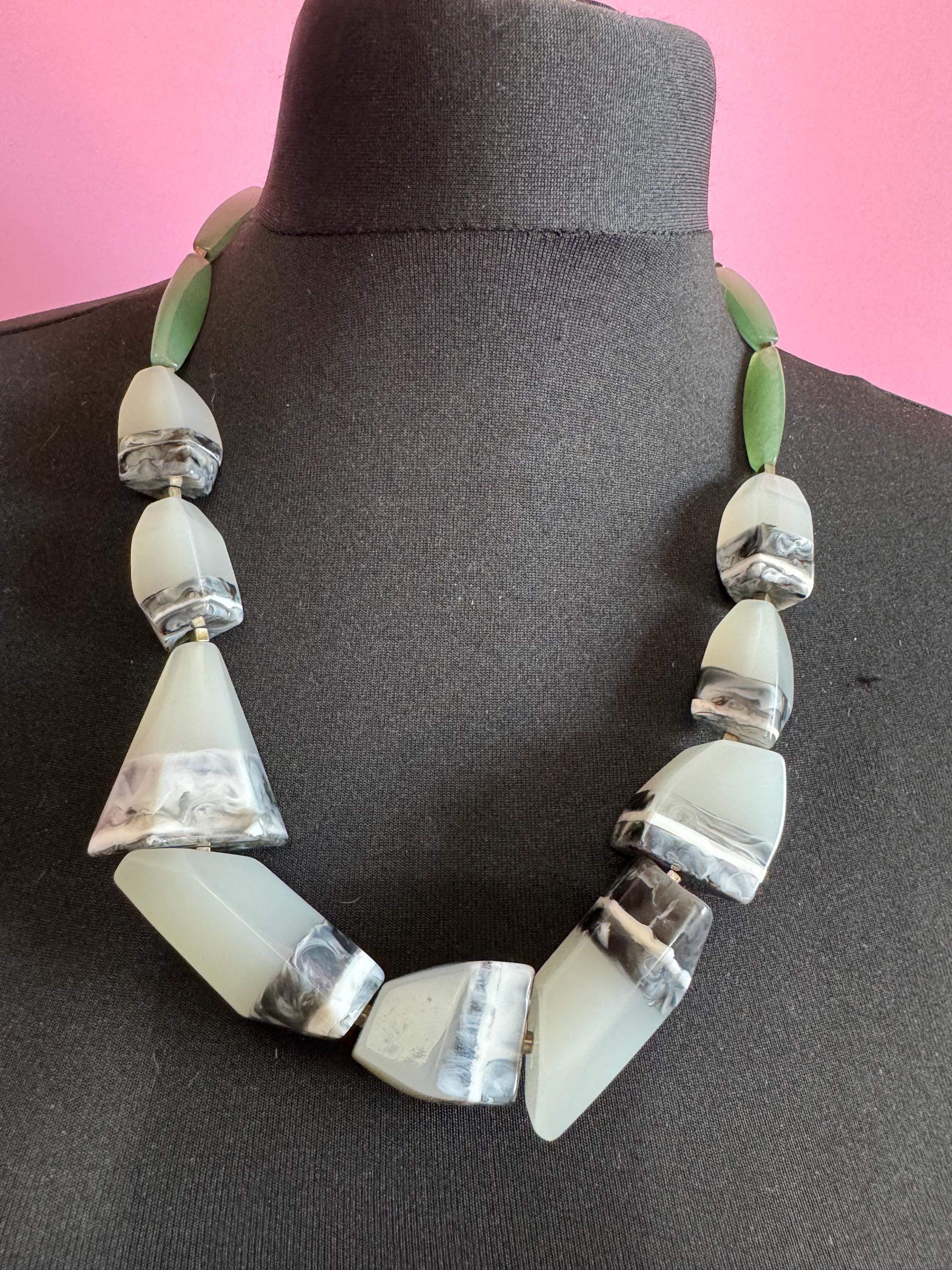 Oversized Aventurine Green gemstone and Resin Modernist chunky Statement Necklace