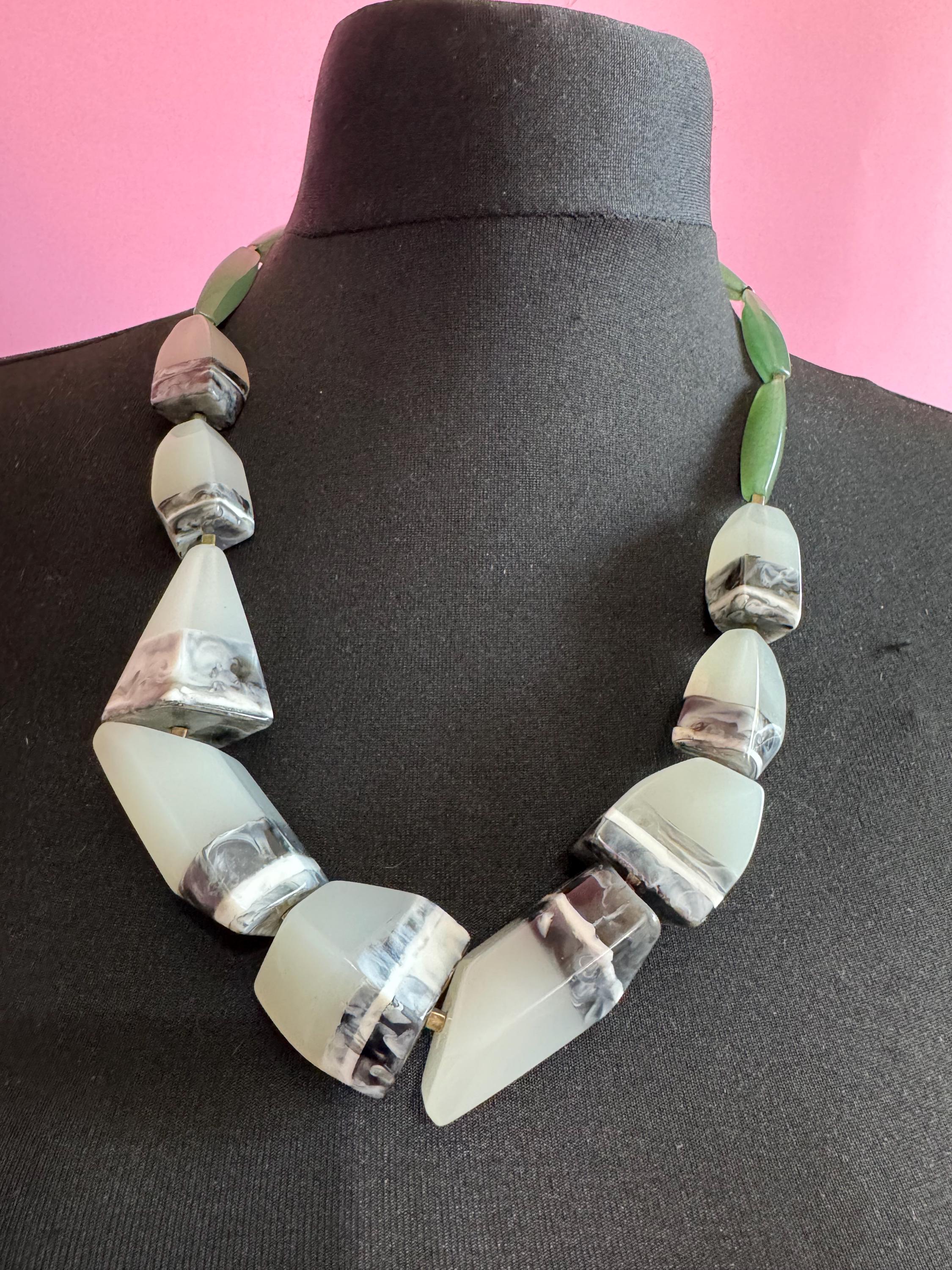 Oversized Aventurine Green gemstone and Resin Modernist chunky Statement Necklace