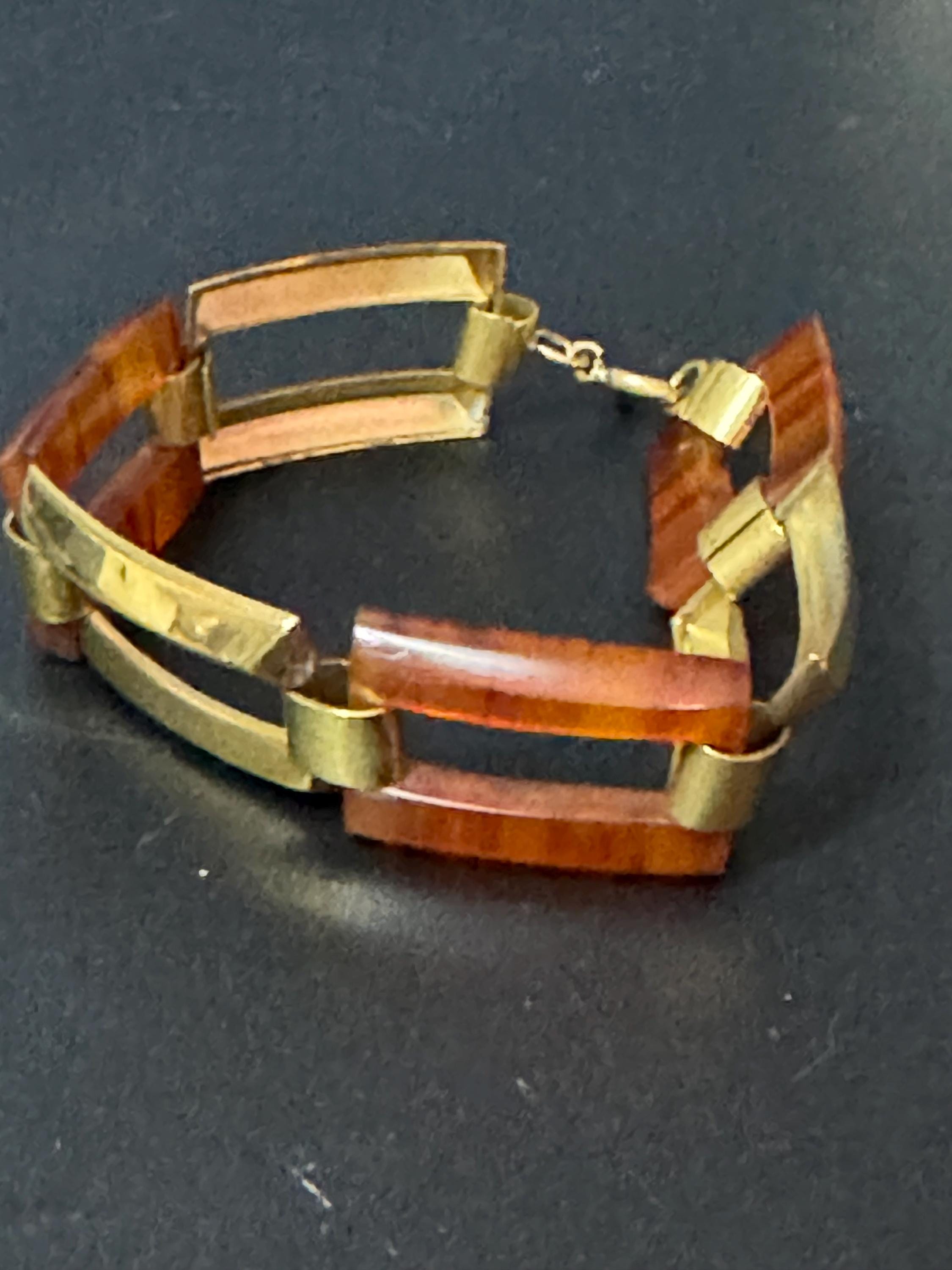 Faux tortoiseshell brown celluloid plastic resin panel link gold tone bracelet Vintage retro 60’s 70s