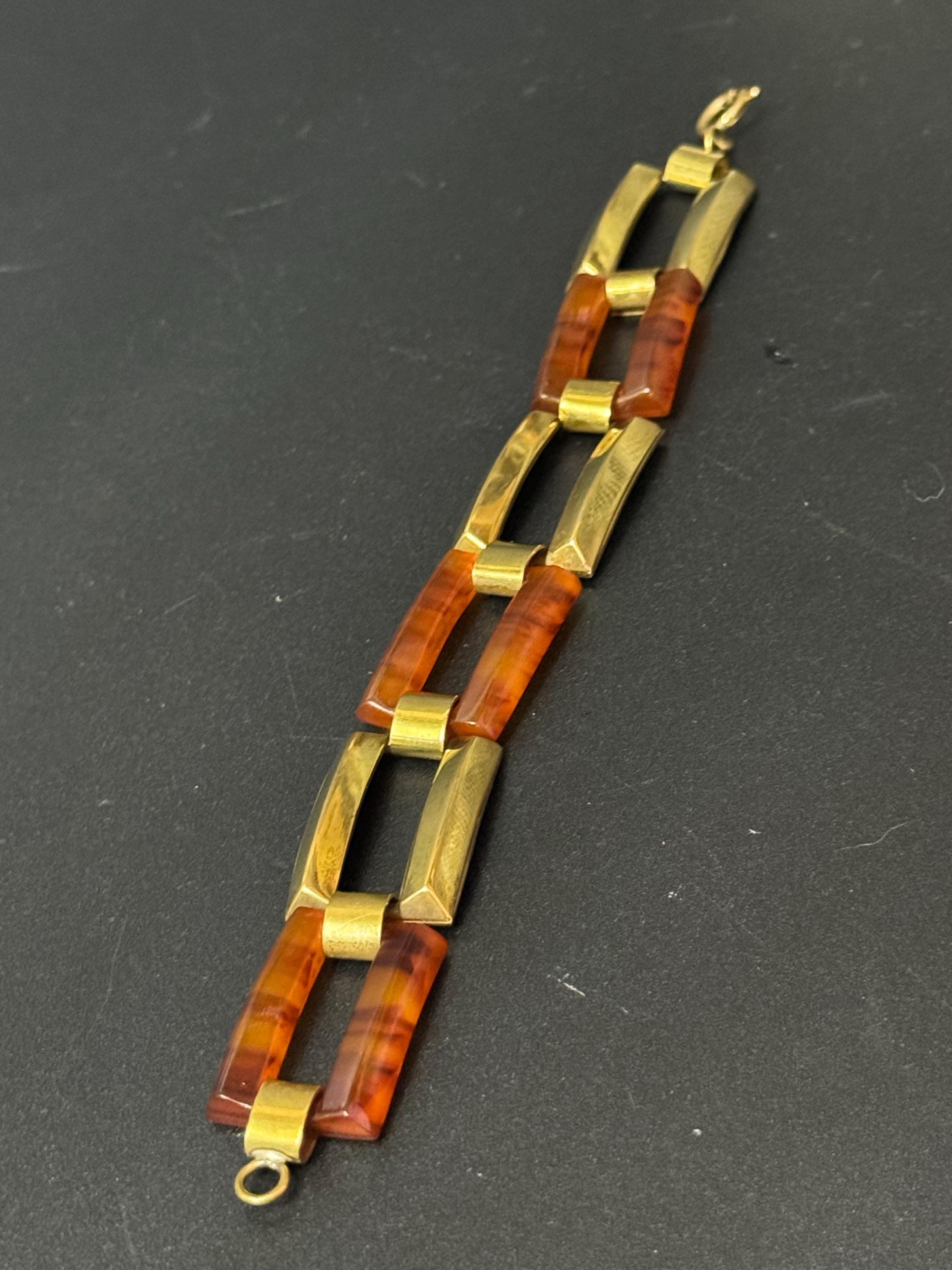 Faux tortoiseshell brown celluloid plastic resin panel link gold tone bracelet Vintage retro 60’s 70s