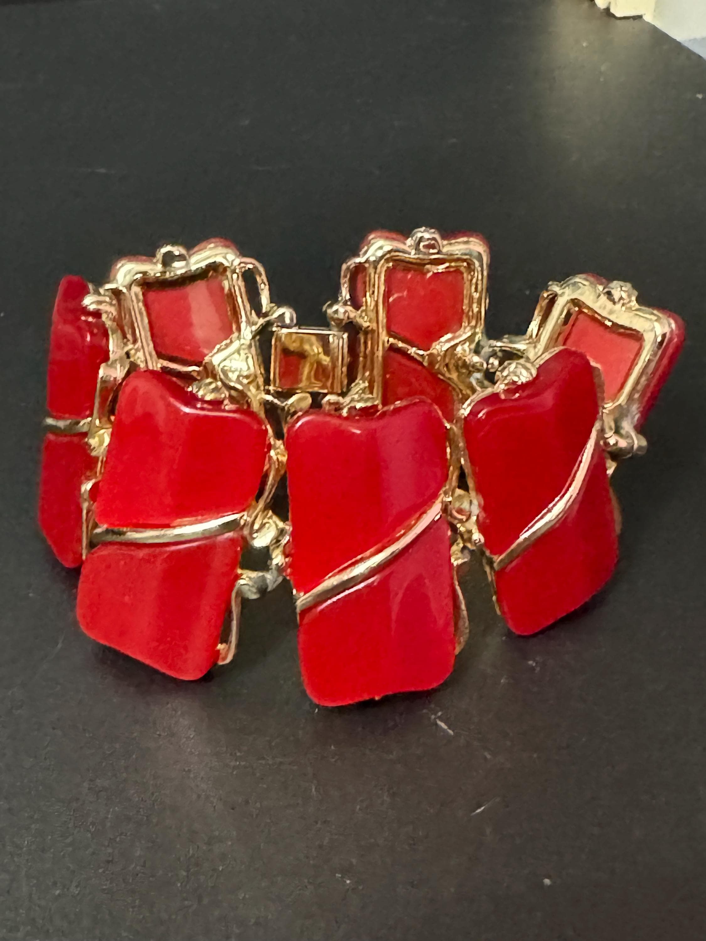 Vintage red thermoset celluloid early plastic panel link gold tone bracelet Vintage 60’s 70s