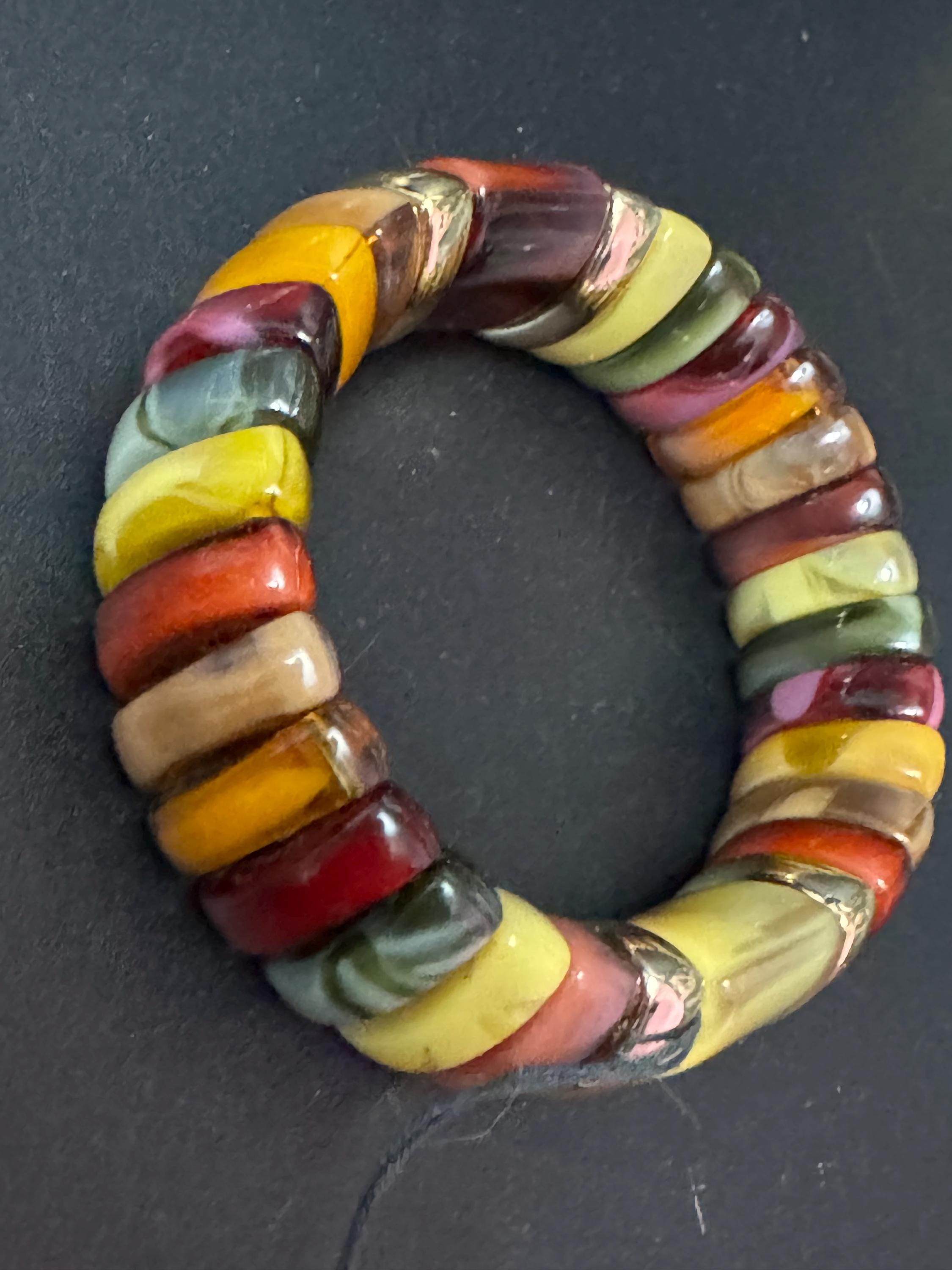 Vintage genuine Lucite early plastic beaded brown orange green wide stretch bracelet Vintage 60’s 70s