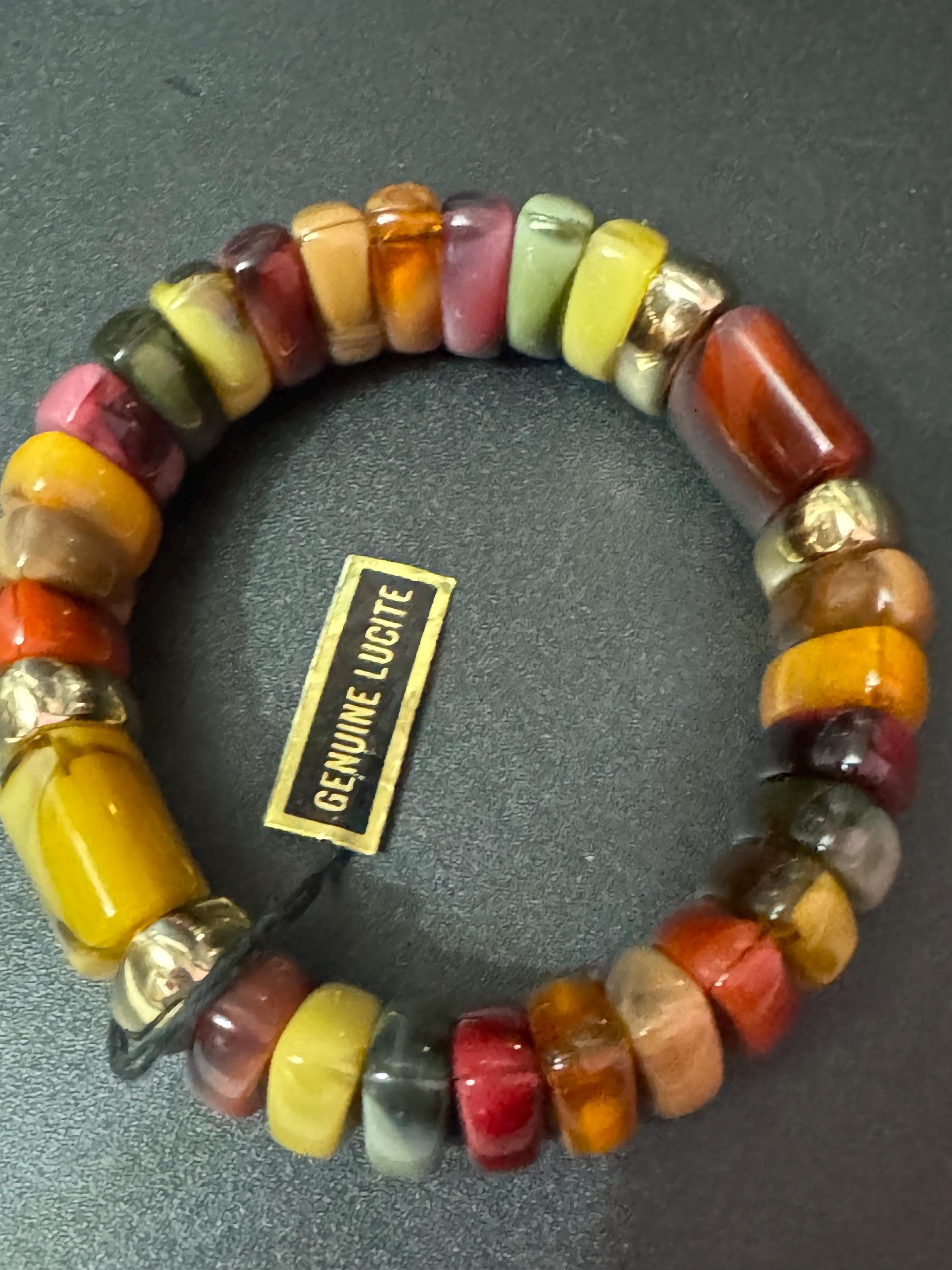 Vintage genuine Lucite early plastic beaded brown orange green wide stretch bracelet Vintage 60’s 70s