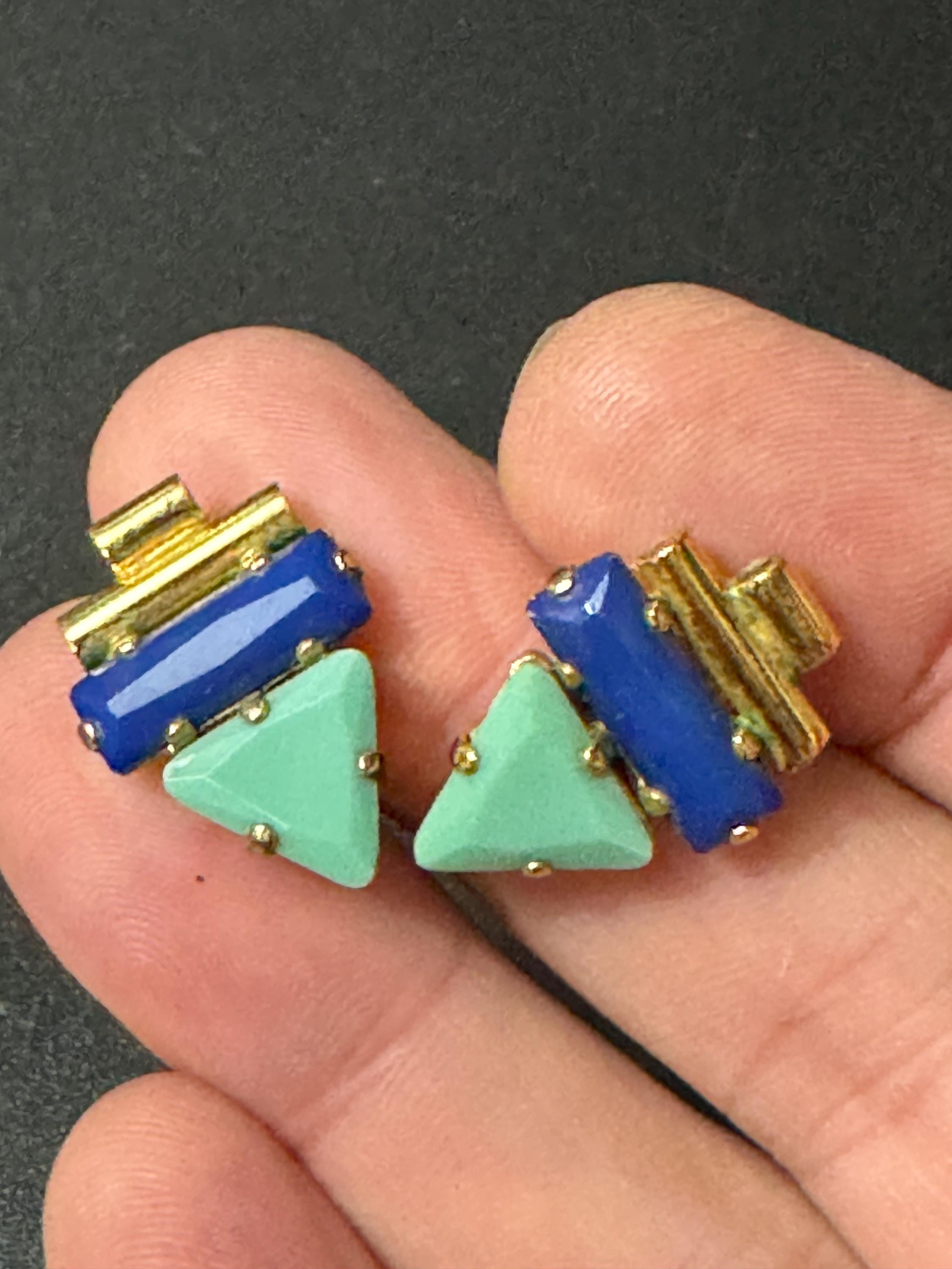Signed Reminiscence Vintage small Egyptian style turquoise and blue rhinestone earrings Paris French pierced