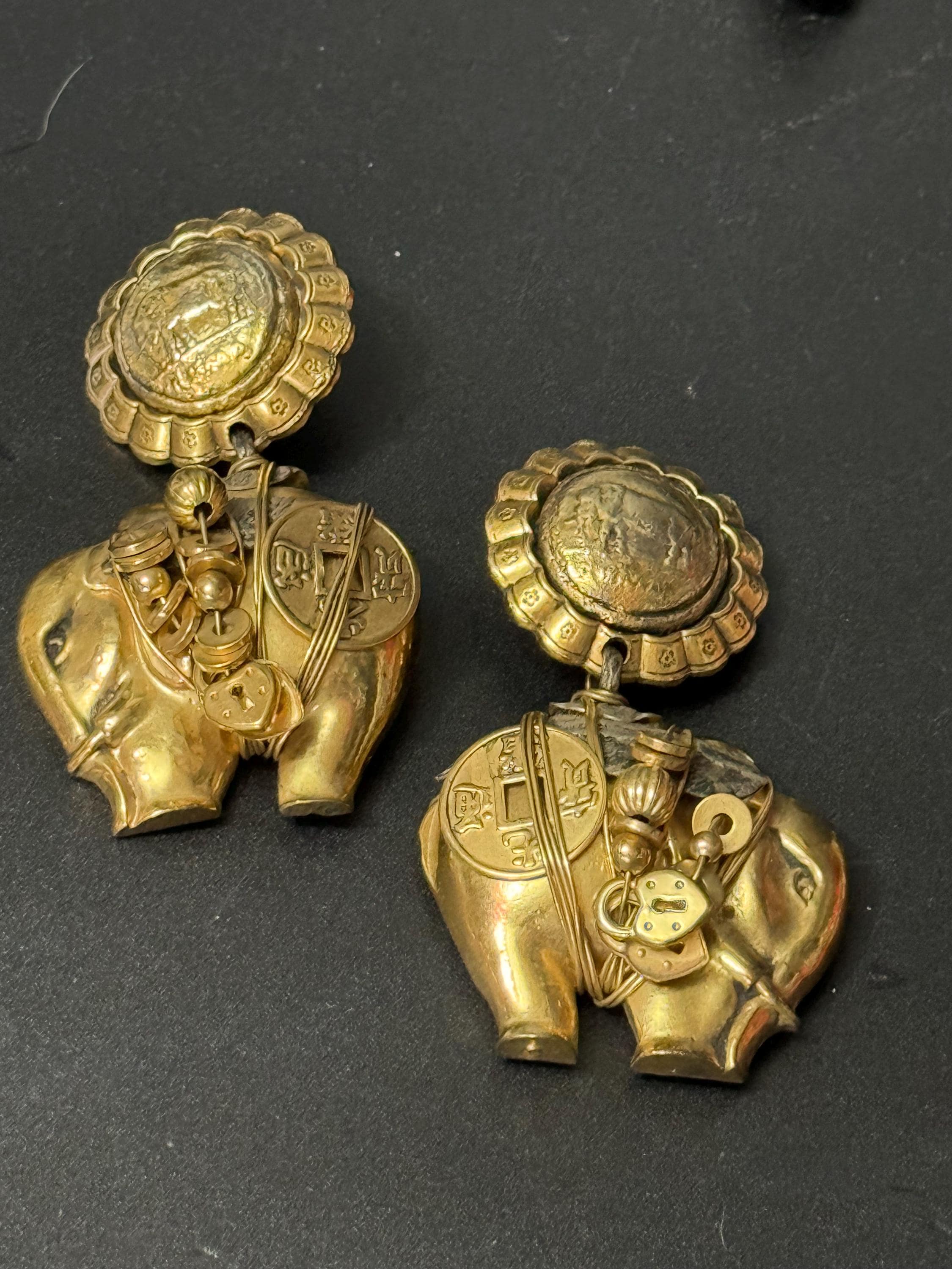 Vintage Les Nereides oversized dangly elephant drop clip on earrings French designer gold tone