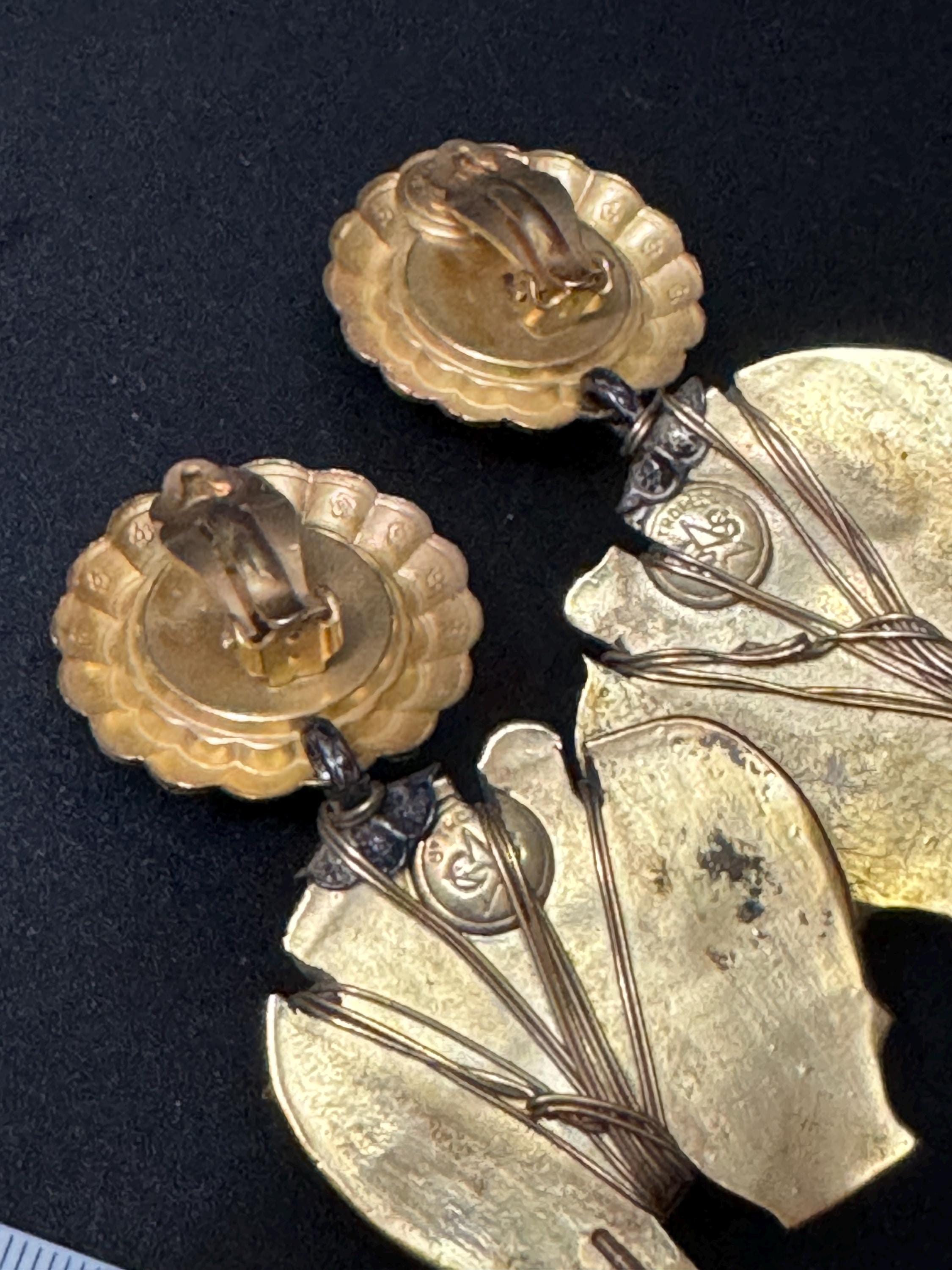 Vintage Les Nereides oversized dangly elephant drop clip on earrings French designer gold tone