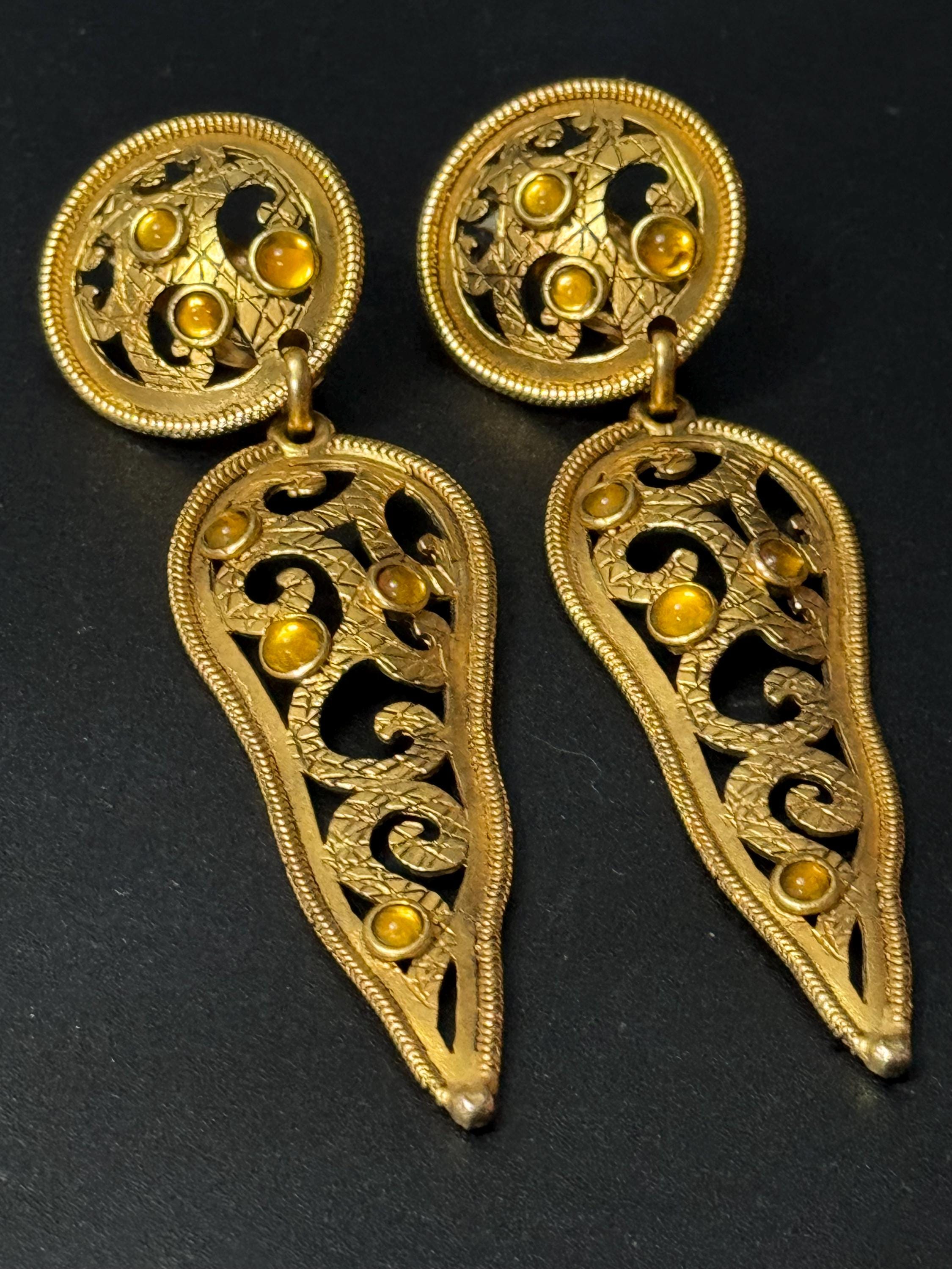 Vintage Les Nereides oversized dangly ornate Etruscan very long drop clip on earrings French designer with amber cabochons gold tone