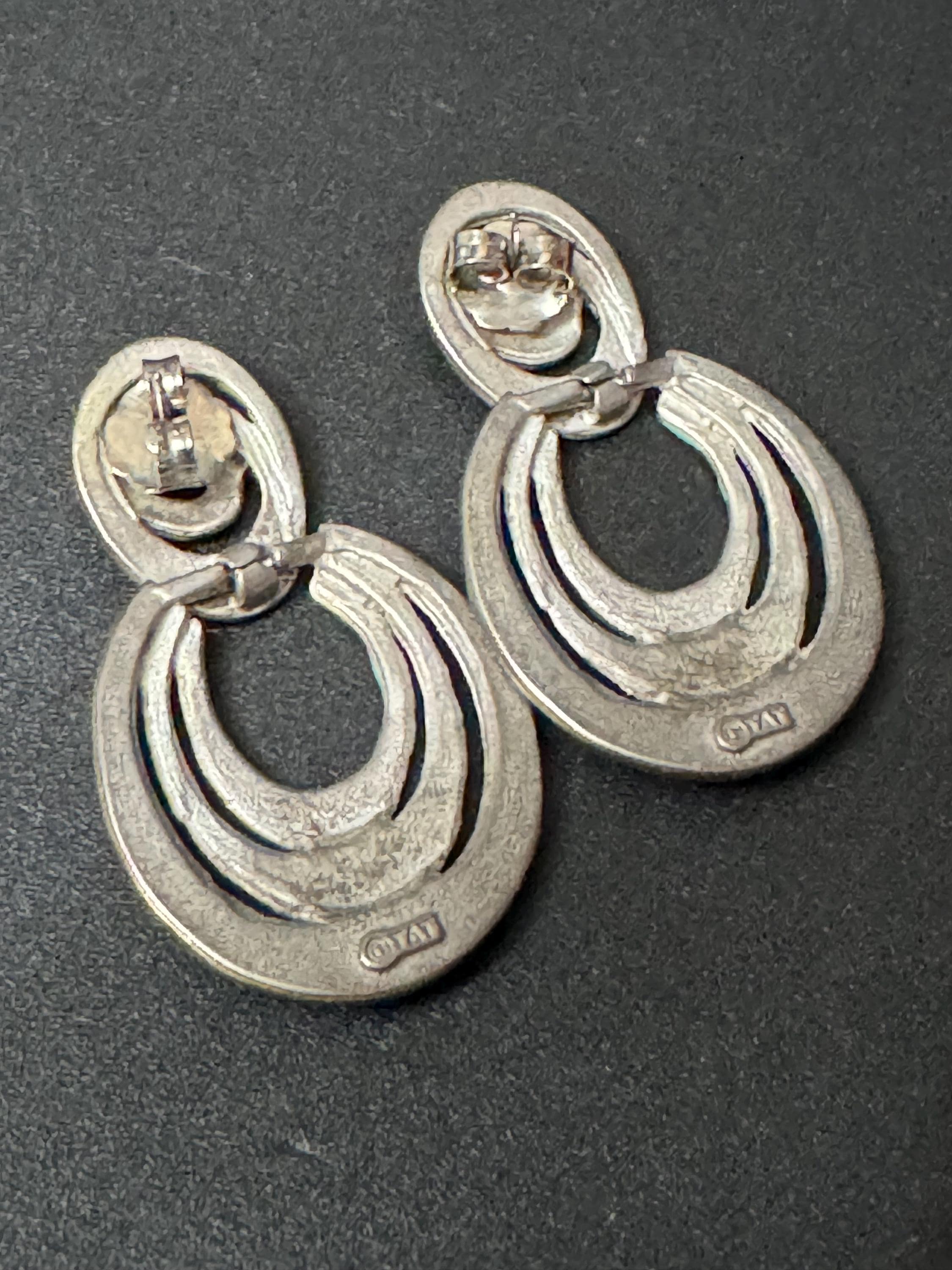 Signed TAT turquoise blue vintage teardrop dangly earrings USA designer silver tone