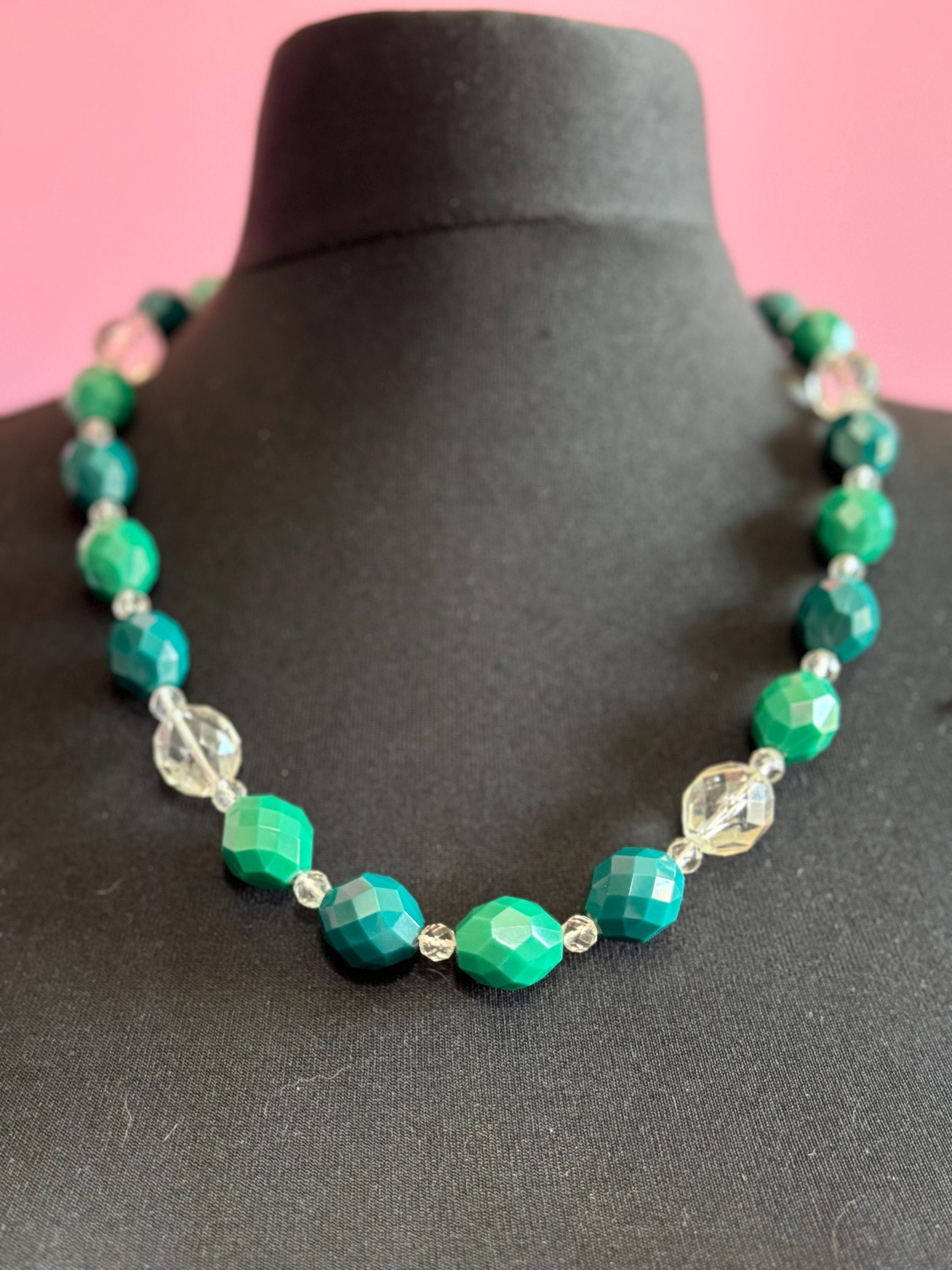 Vintage clear, blue and green faceted acrylic plastic chunky long beaded necklace 63cm