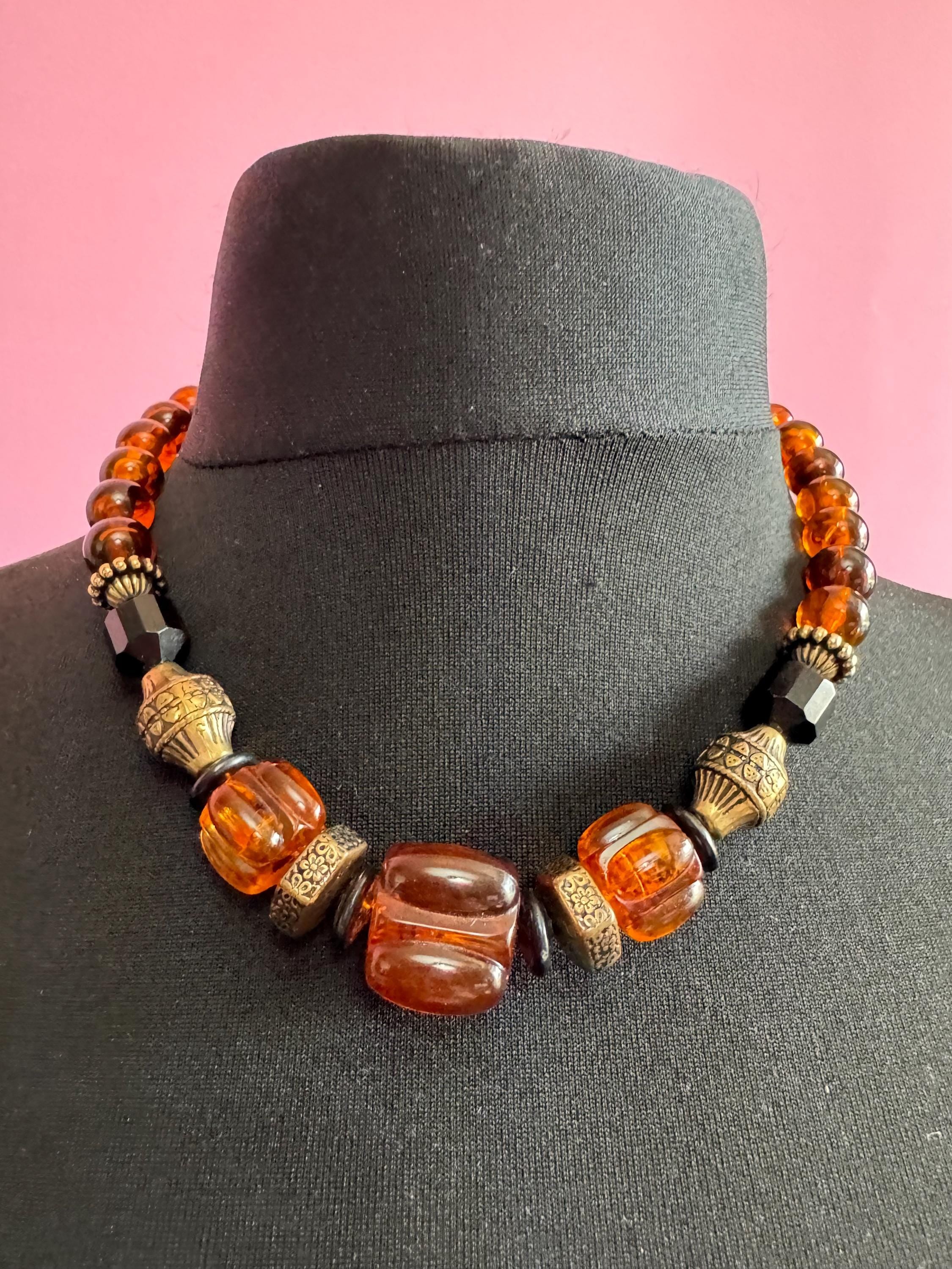 Signed 1928 USA plastic beaded necklace gold and brown faux tortoiseshell tones