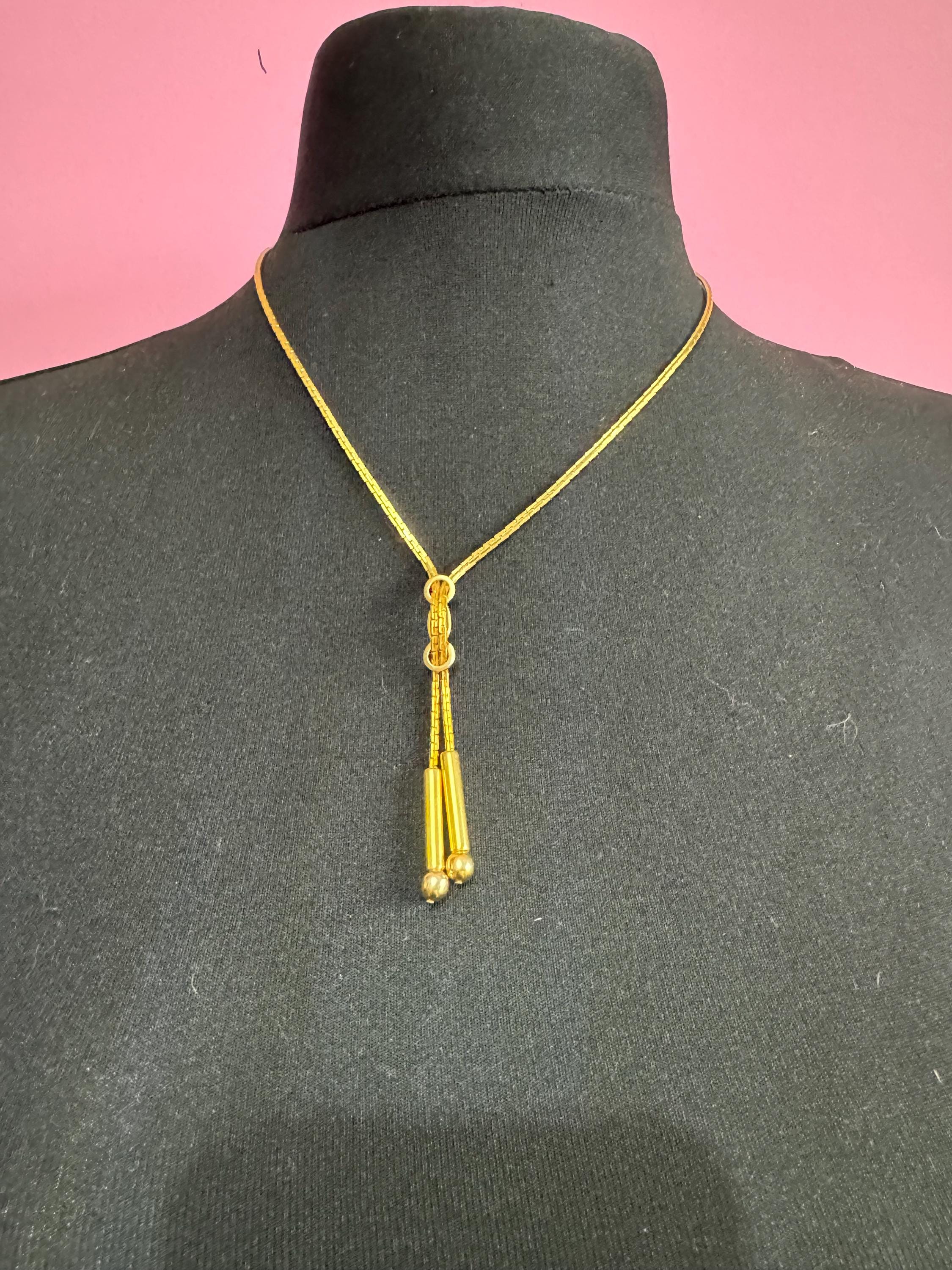 Signed YR Vintage 1970s gold tone chain negligee long drop necklace Yves Rocher