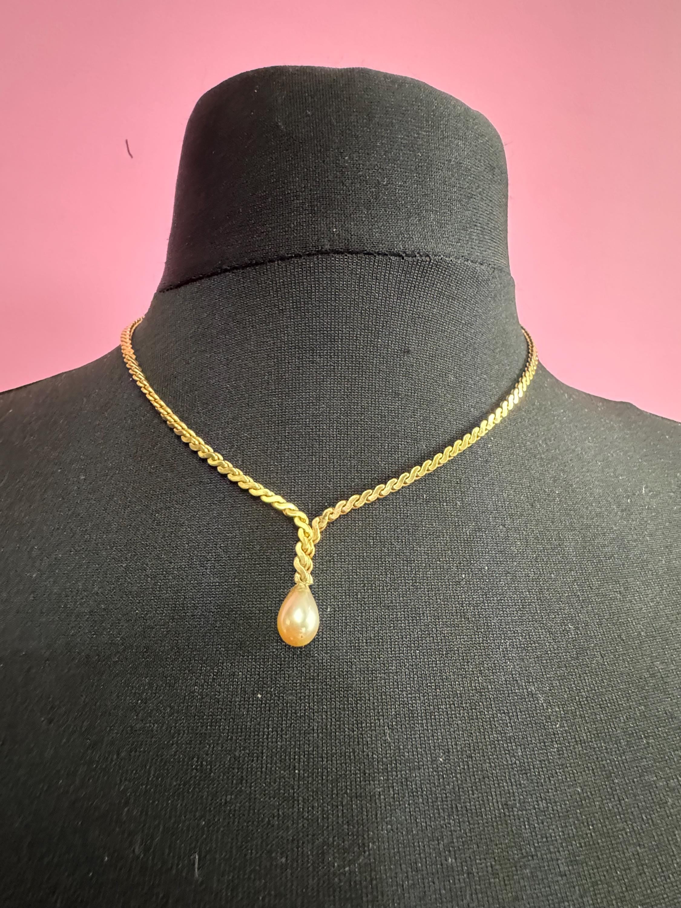 Signed Germany Vintage rolled gold tone lariat faux pearl teardrop drop serpentine chain necklace