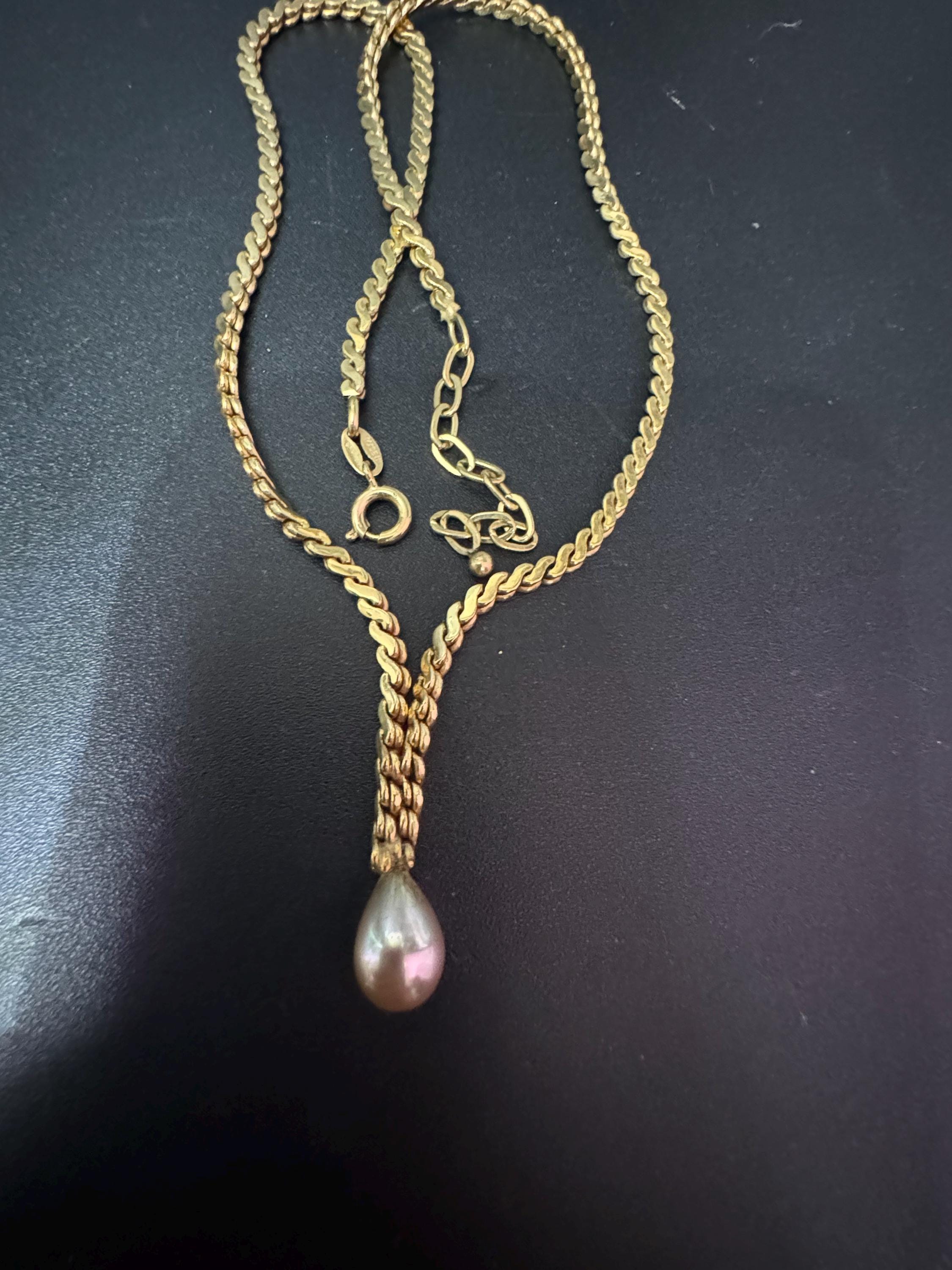 Signed Germany Vintage rolled gold tone lariat faux pearl teardrop drop serpentine chain necklace