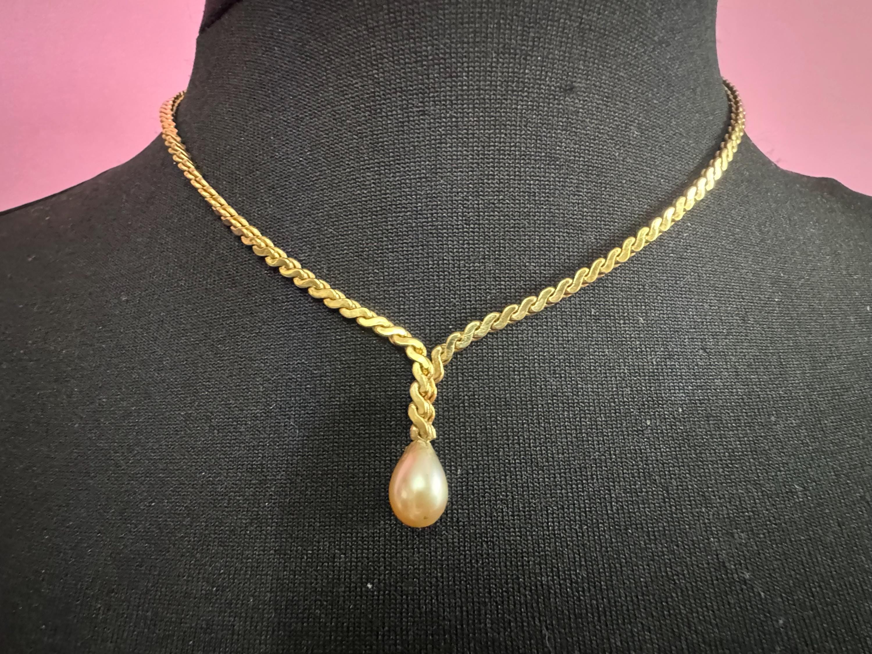 Signed Germany Vintage rolled gold tone lariat faux pearl teardrop drop serpentine chain necklace
