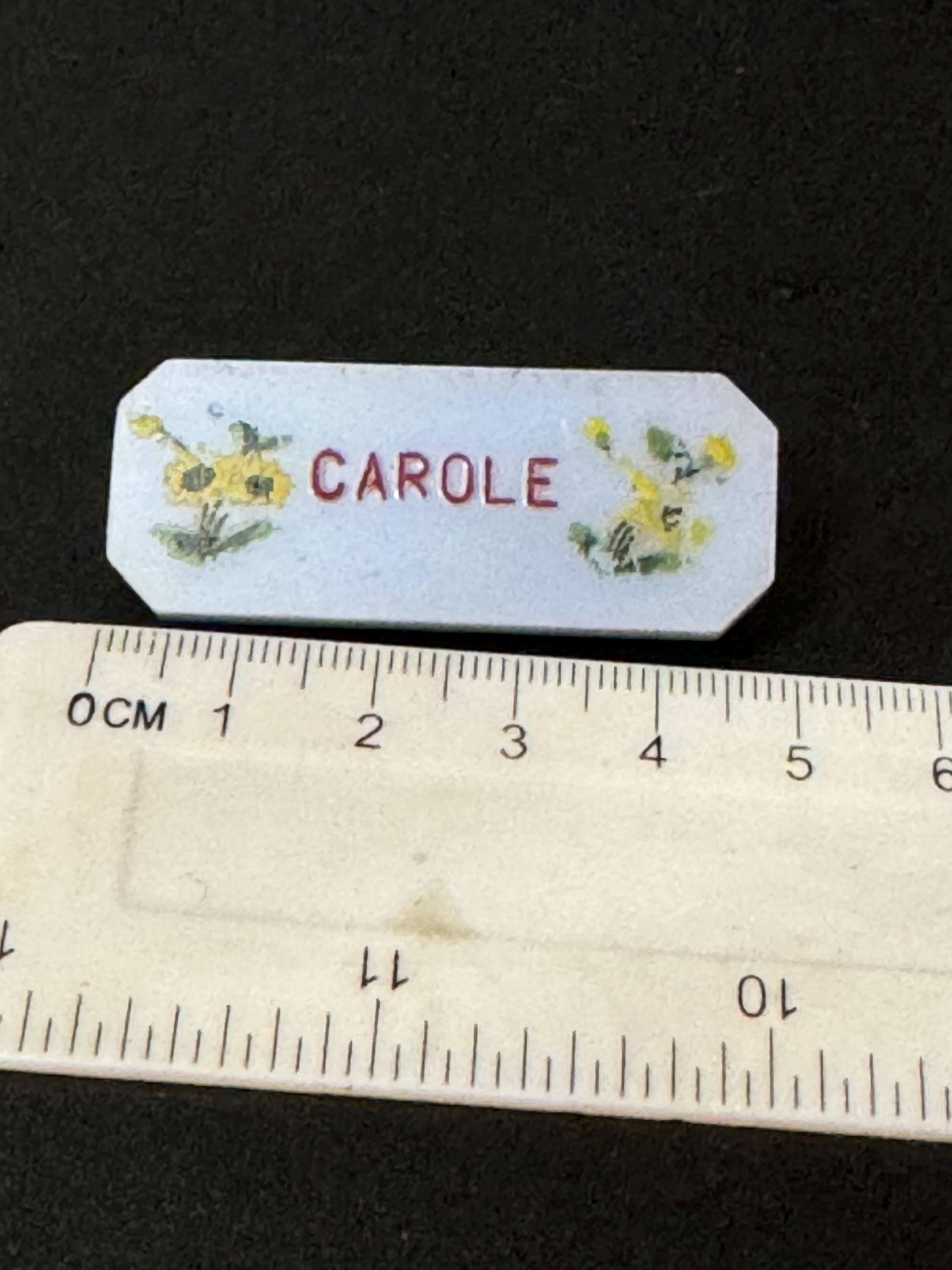 Early Vintage light blue early plastic Carole name brooch 1940s