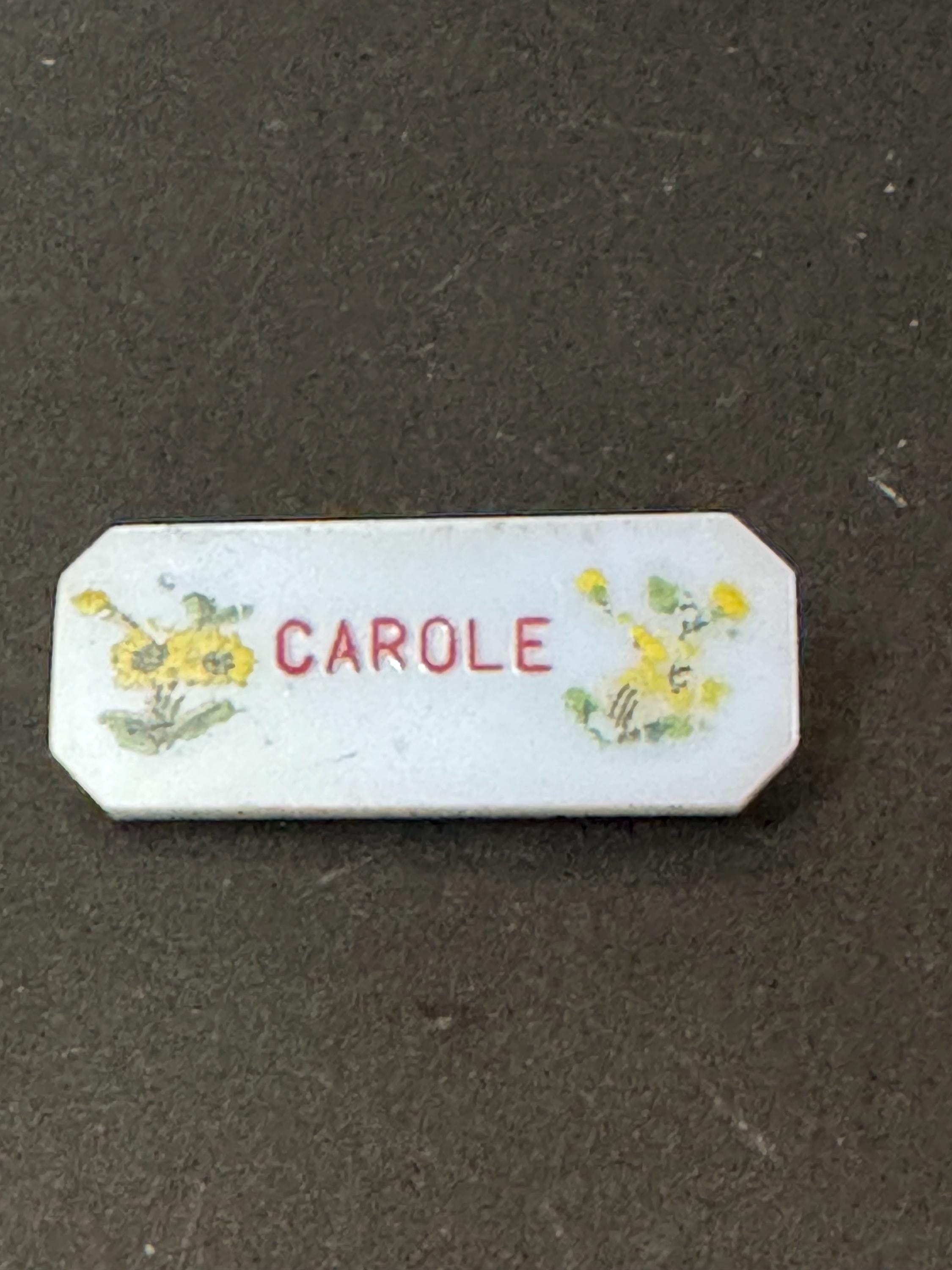 Early Vintage light blue early plastic Carole name brooch 1940s