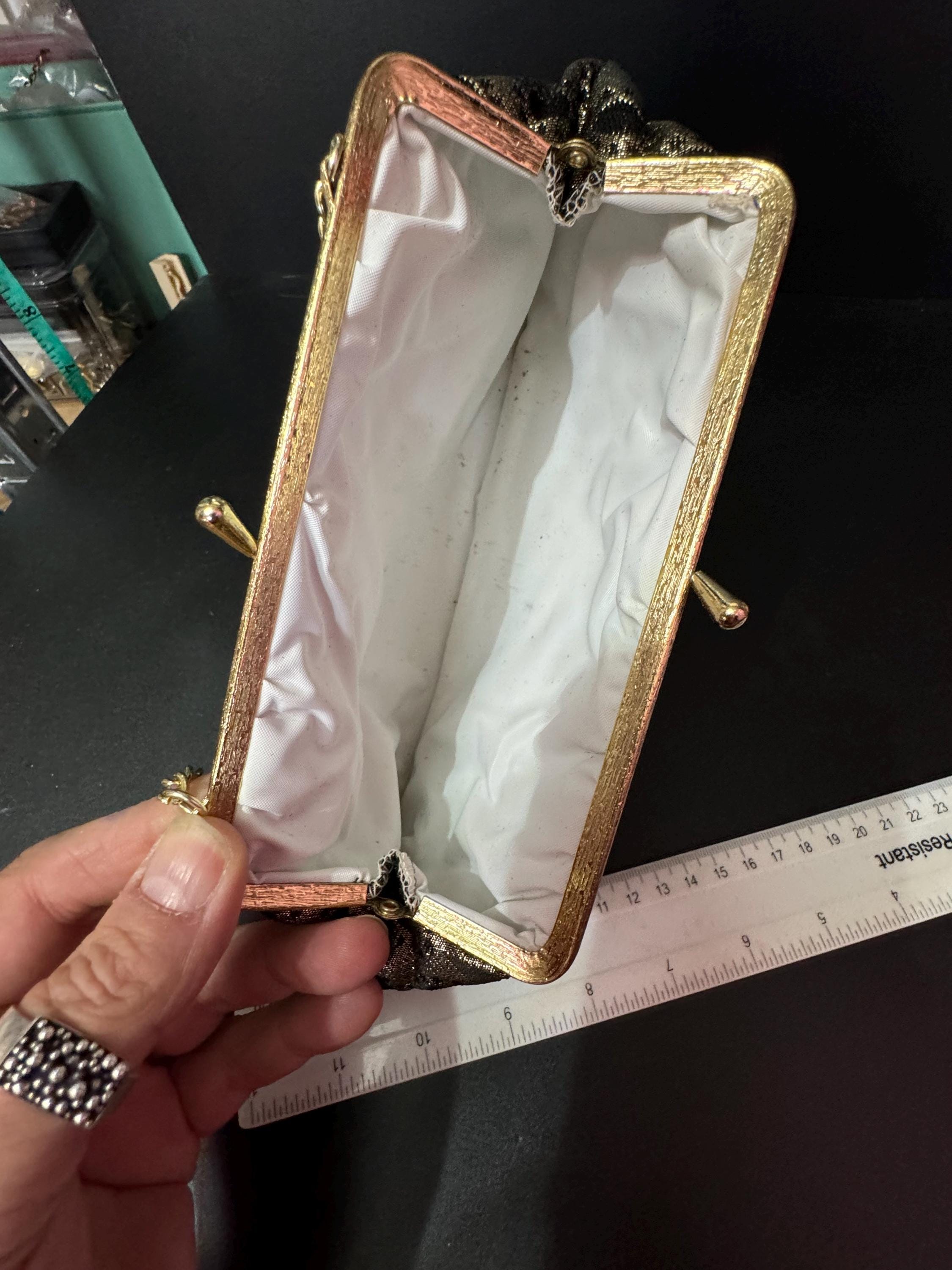 Vintage black and gold Lurex lame clutch Evening bag cosmetics chain Purse 1960s 1970s
