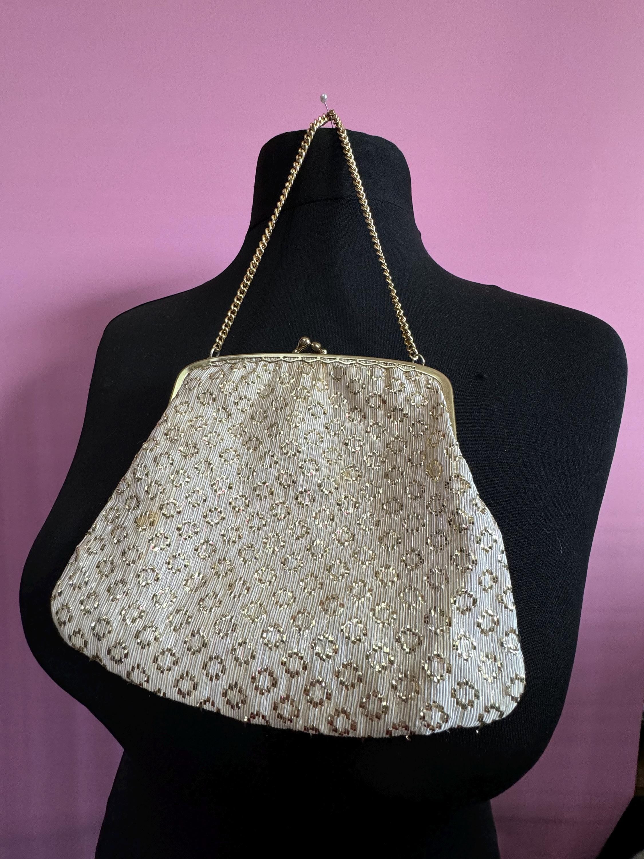 Vintage gold Lurex lame clutch Evening bag cosmetics chain Purse 1960s 1970s