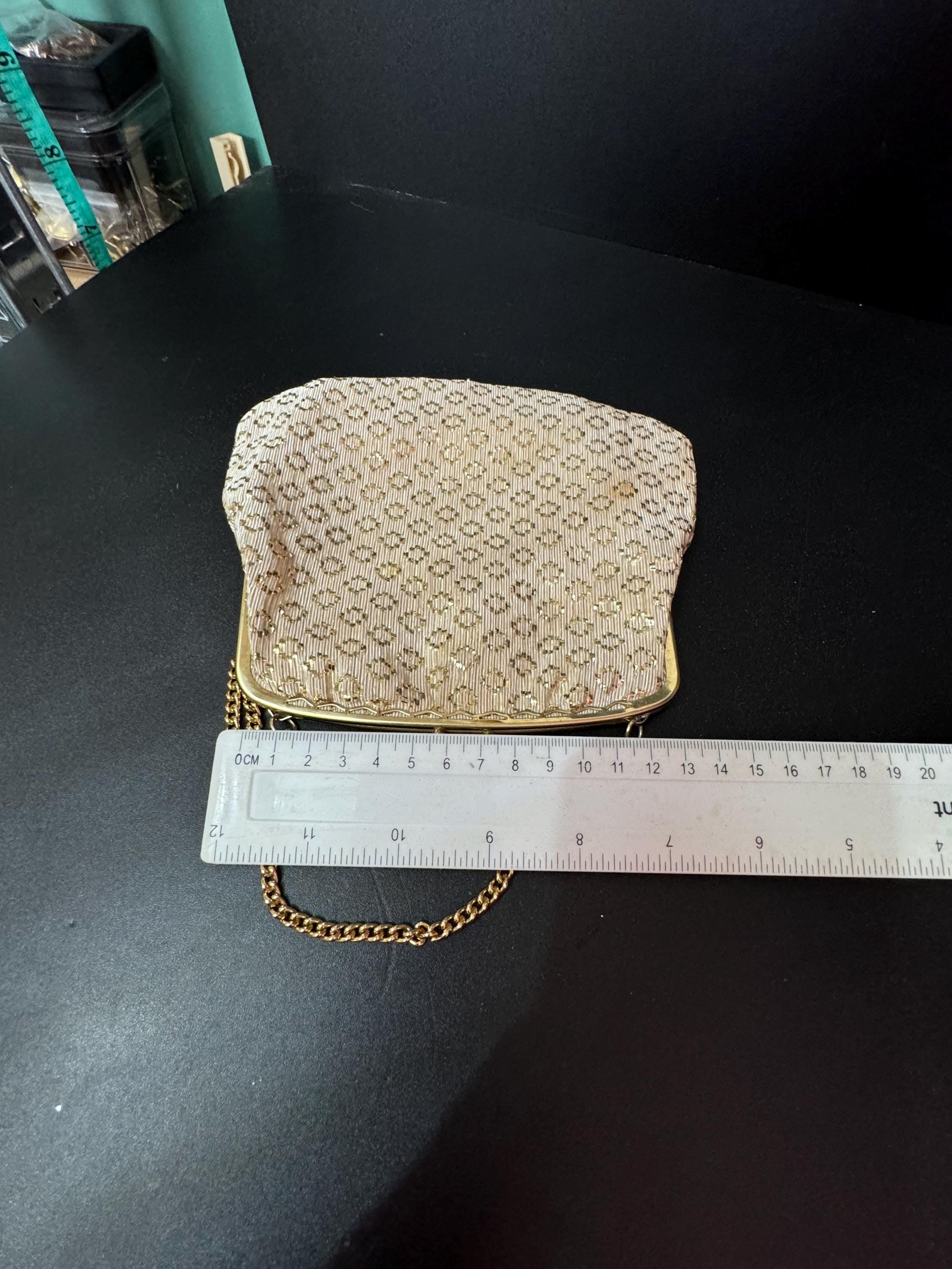 Vintage gold Lurex lame clutch Evening bag cosmetics chain Purse 1960s 1970s