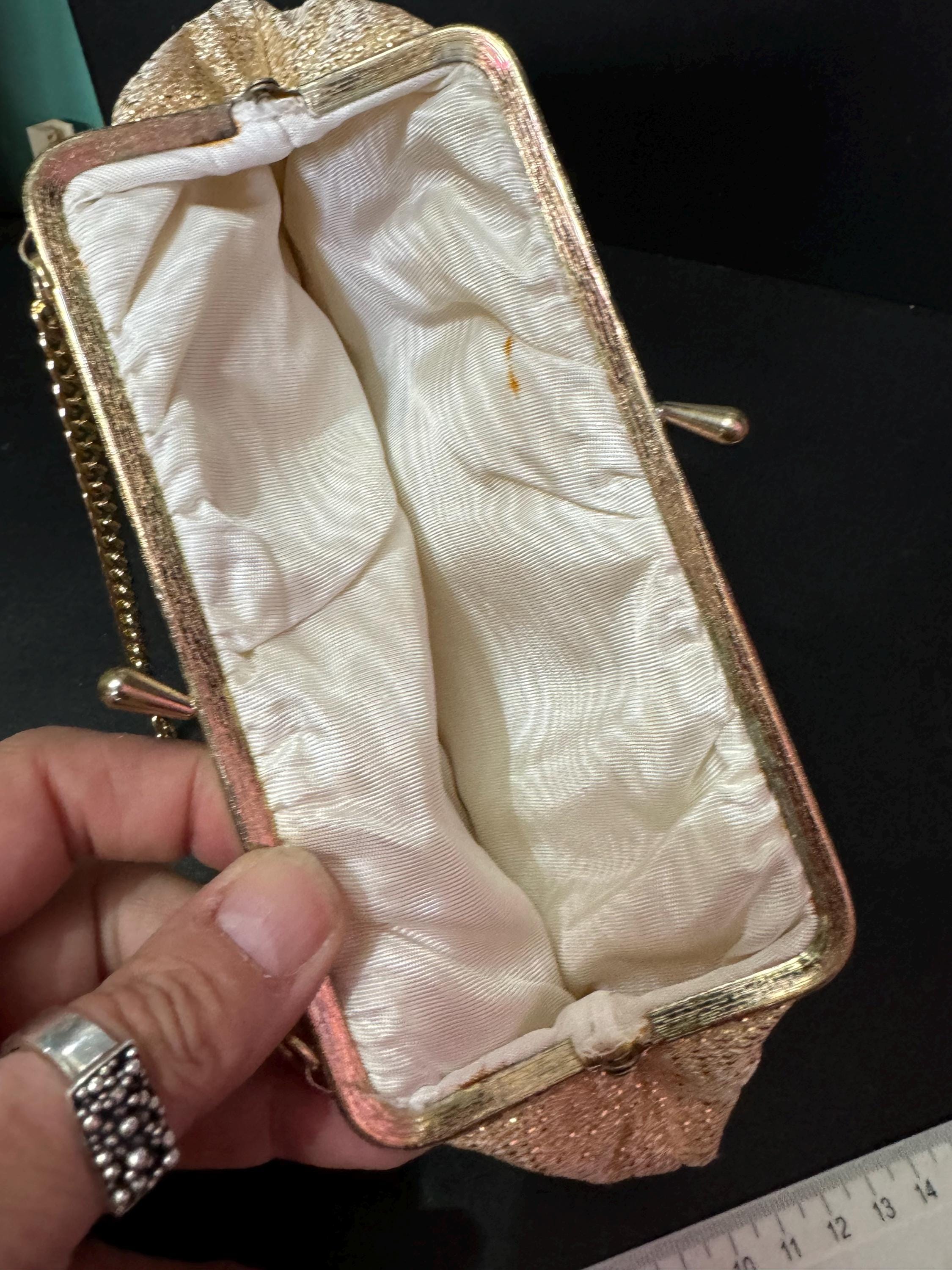 Vintage gold Lurex lame clutch Evening bag cosmetics chain Purse 1960s 1970s