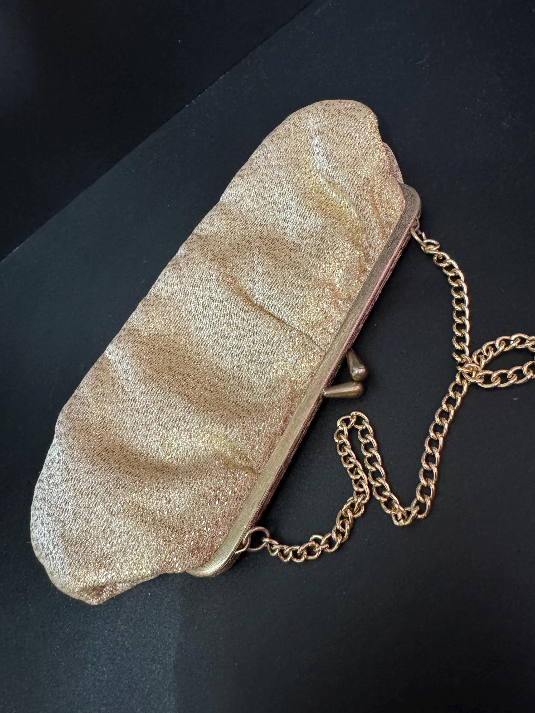 Vintage gold Lurex lame clutch Evening bag cosmetics chain Purse 1960s 1970s