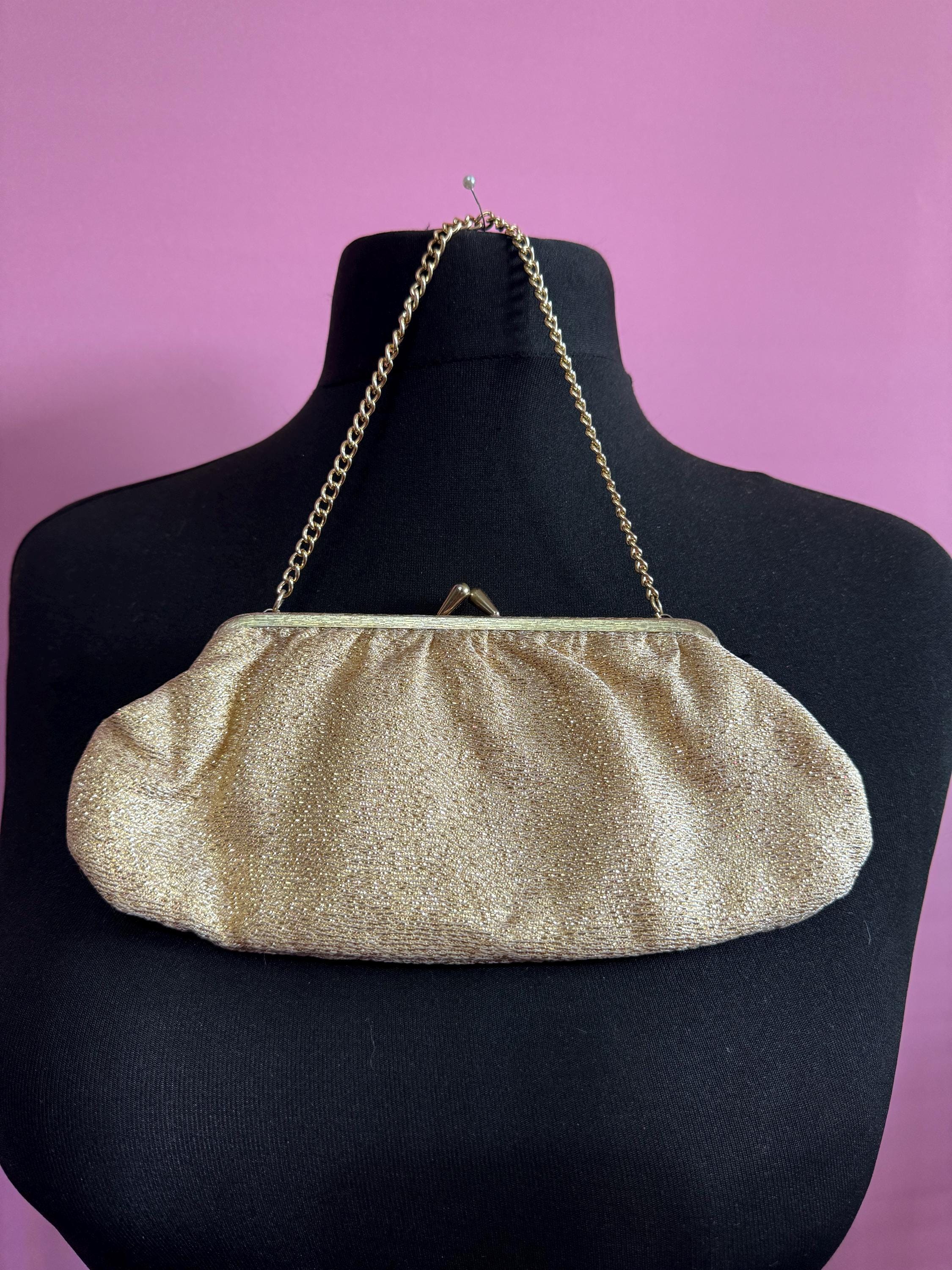 Vintage gold Lurex lame clutch Evening bag cosmetics chain Purse 1960s 1970s