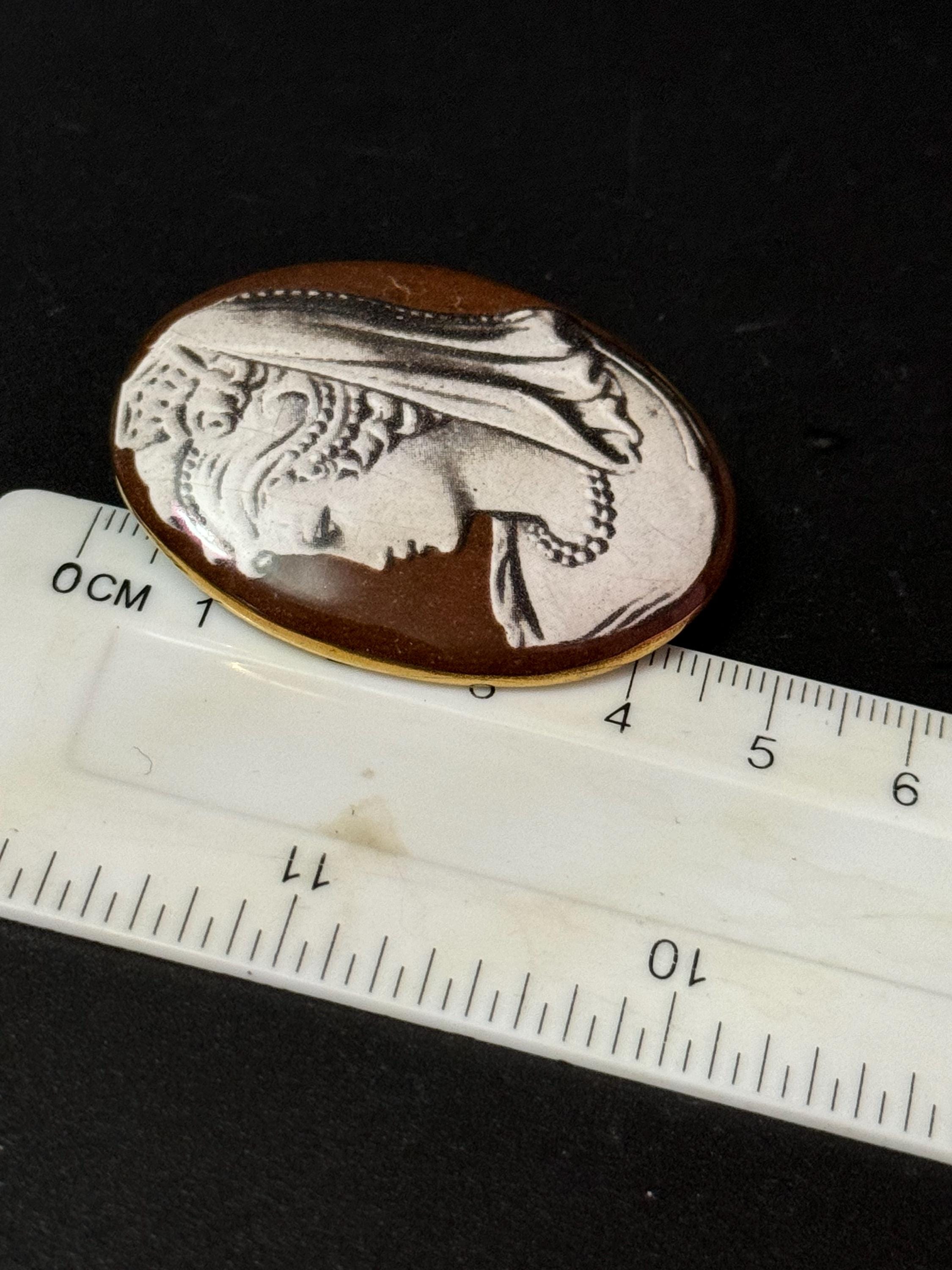 Vintage porcelain china large oval cameo brooch brown and cream