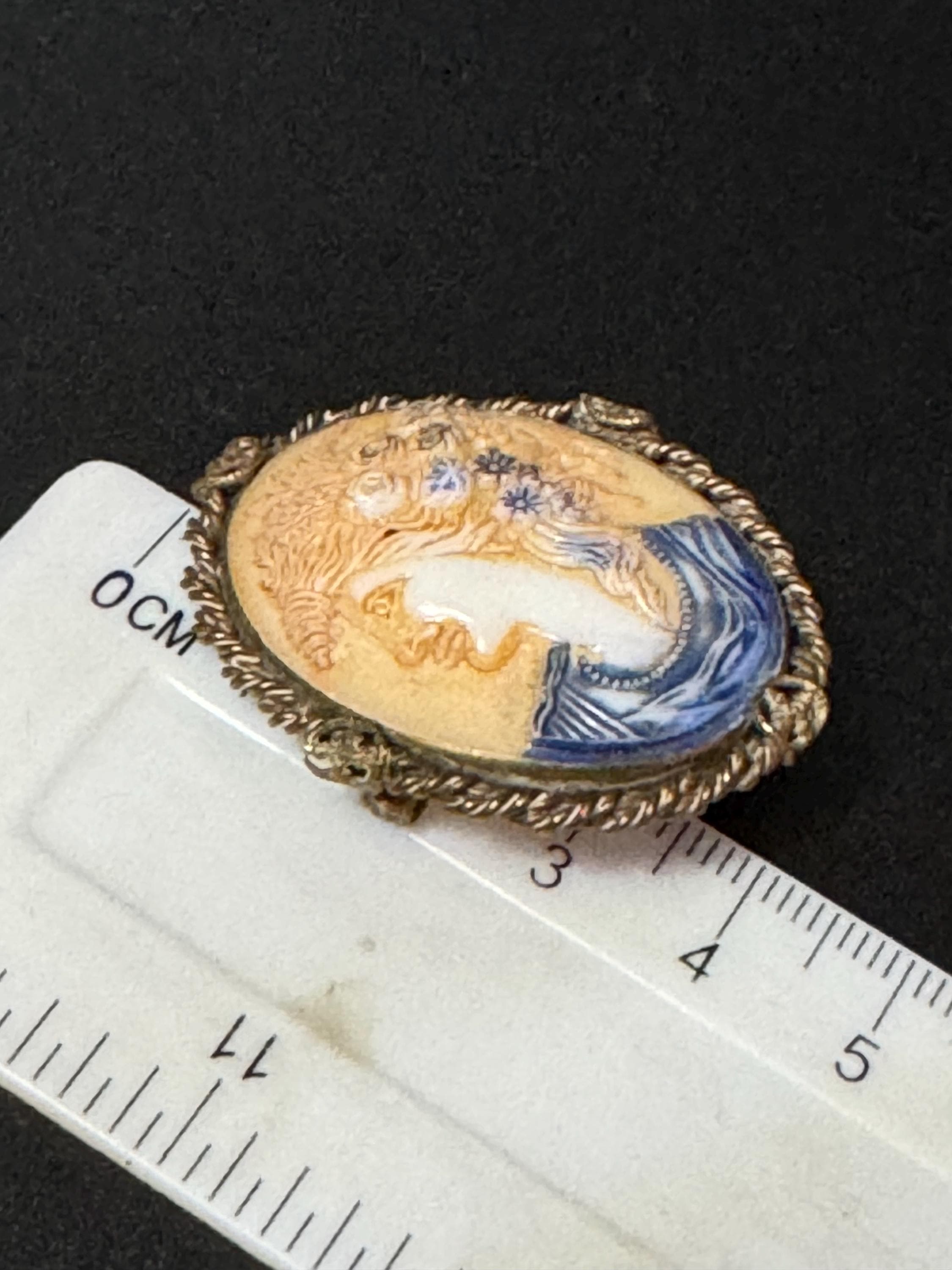 Vintage carved shell oval Cameo Brooch necklace blue beige tones