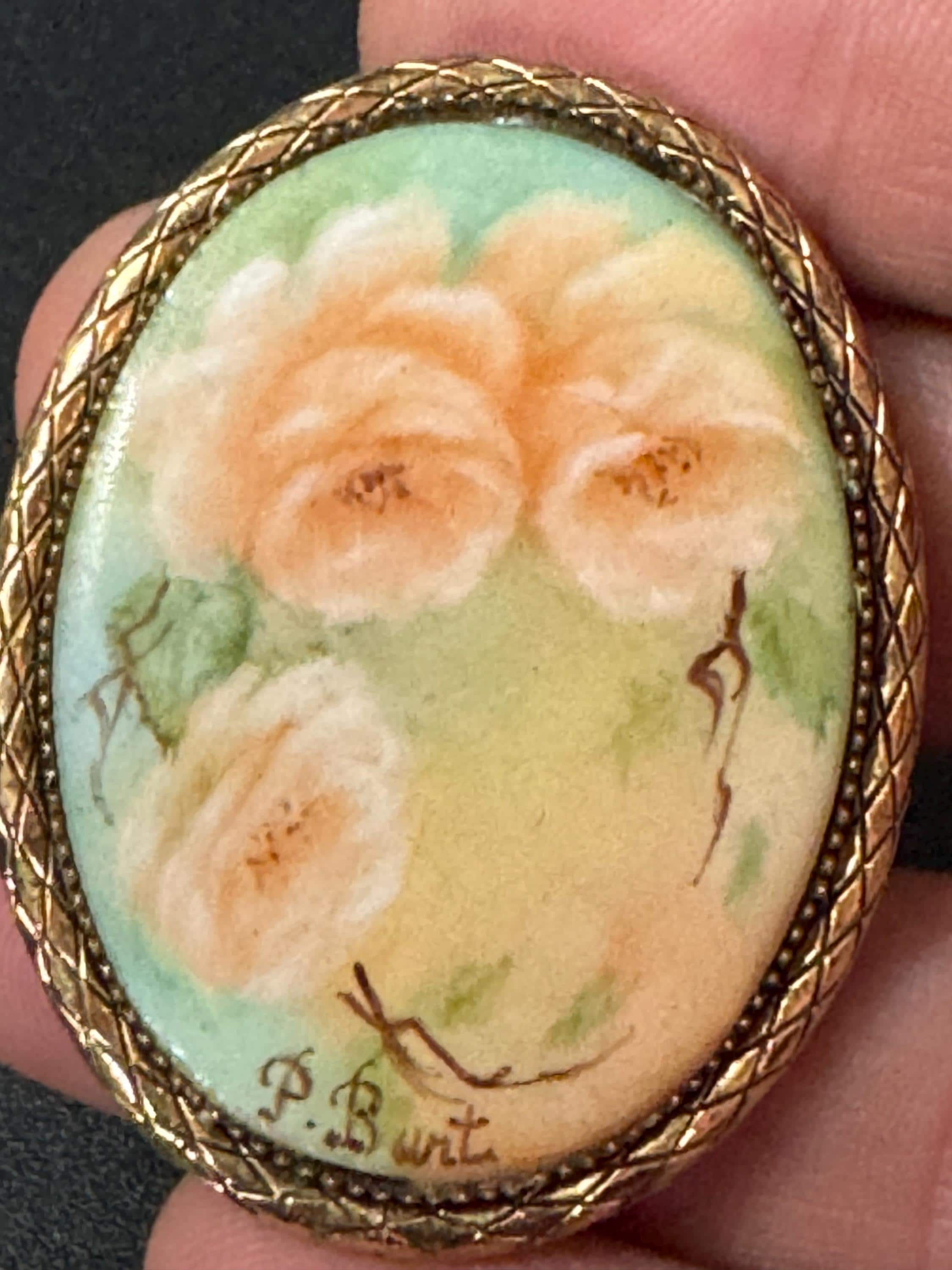 vintage 1983 fully signed Bunt hand painted oval porcelain floral portrait brooch