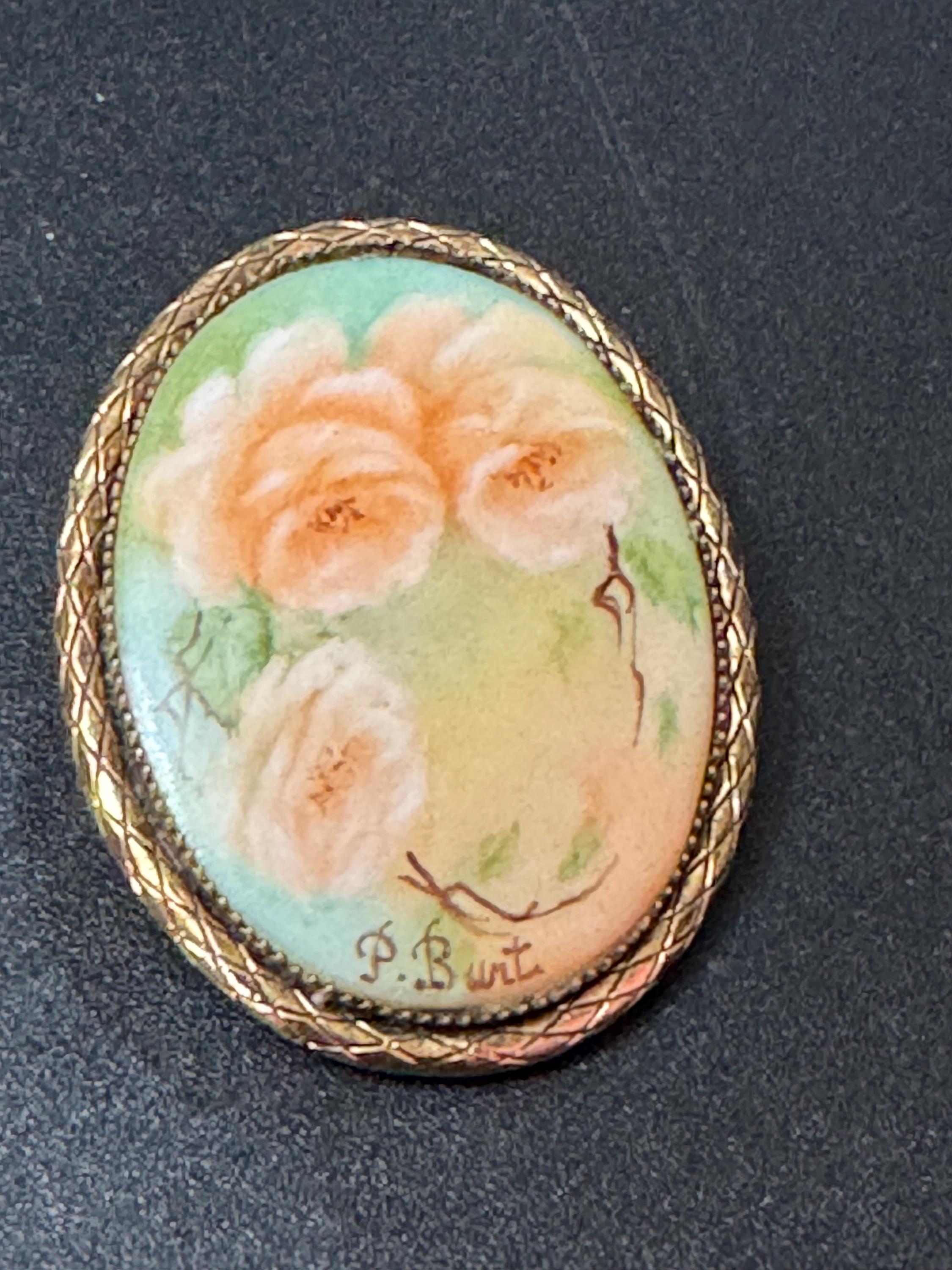 vintage 1983 fully signed Bunt hand painted oval porcelain floral portrait brooch