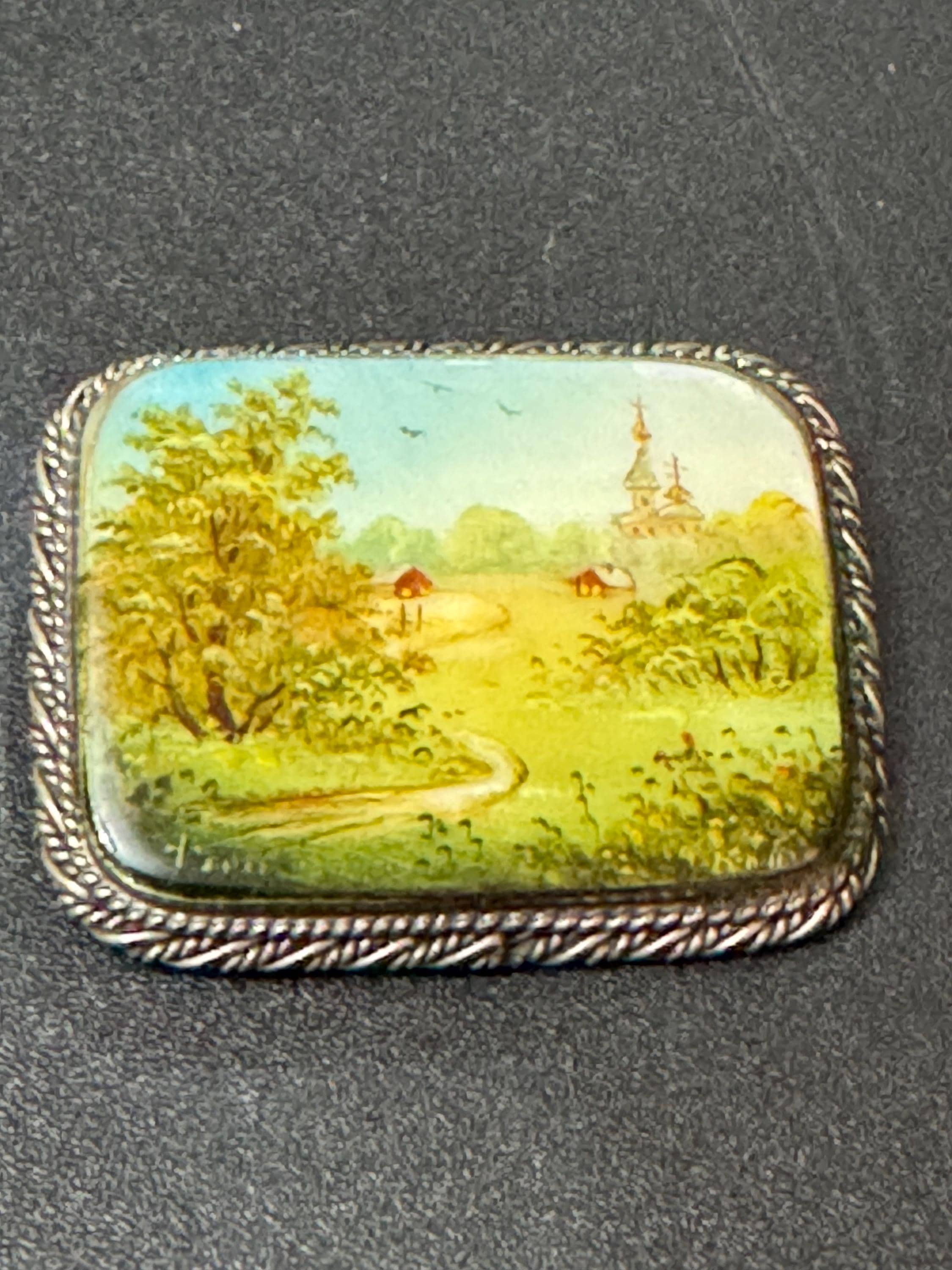 vintage hand painted on mother of pearl  country scene brooch silver tone