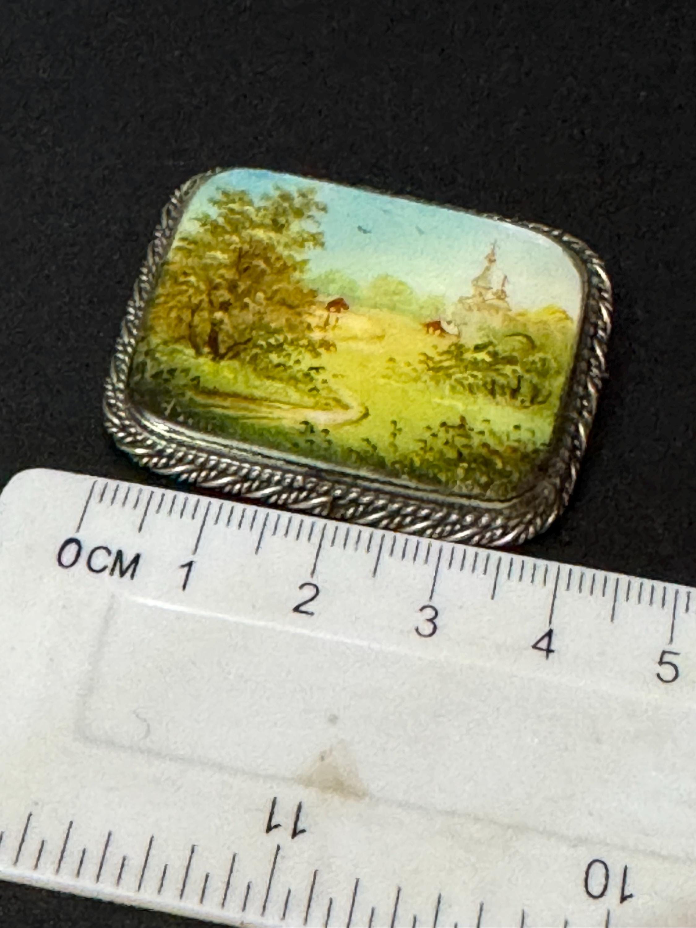 vintage hand painted on mother of pearl  country scene brooch silver tone