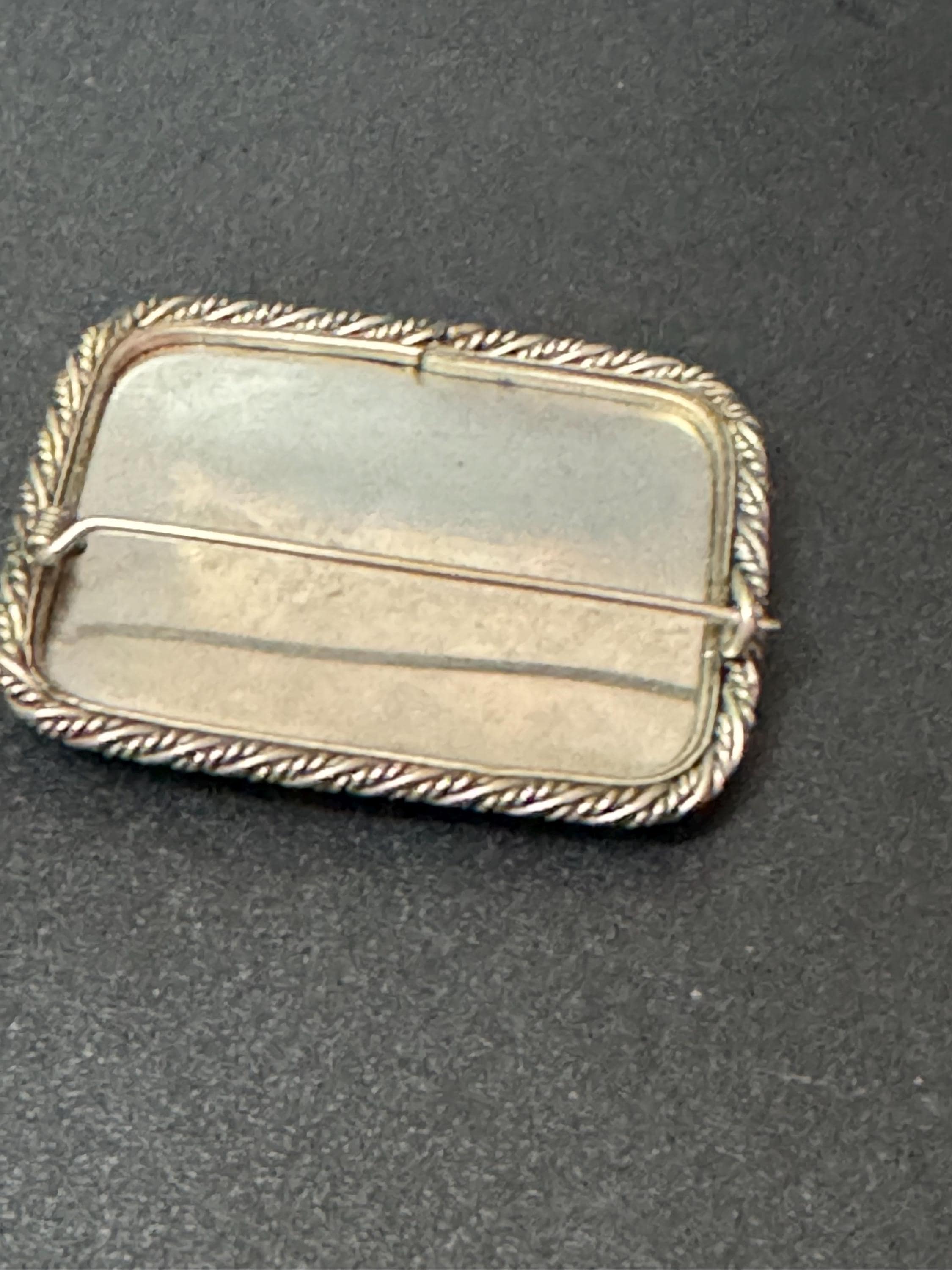 vintage hand painted on mother of pearl  country scene brooch silver tone