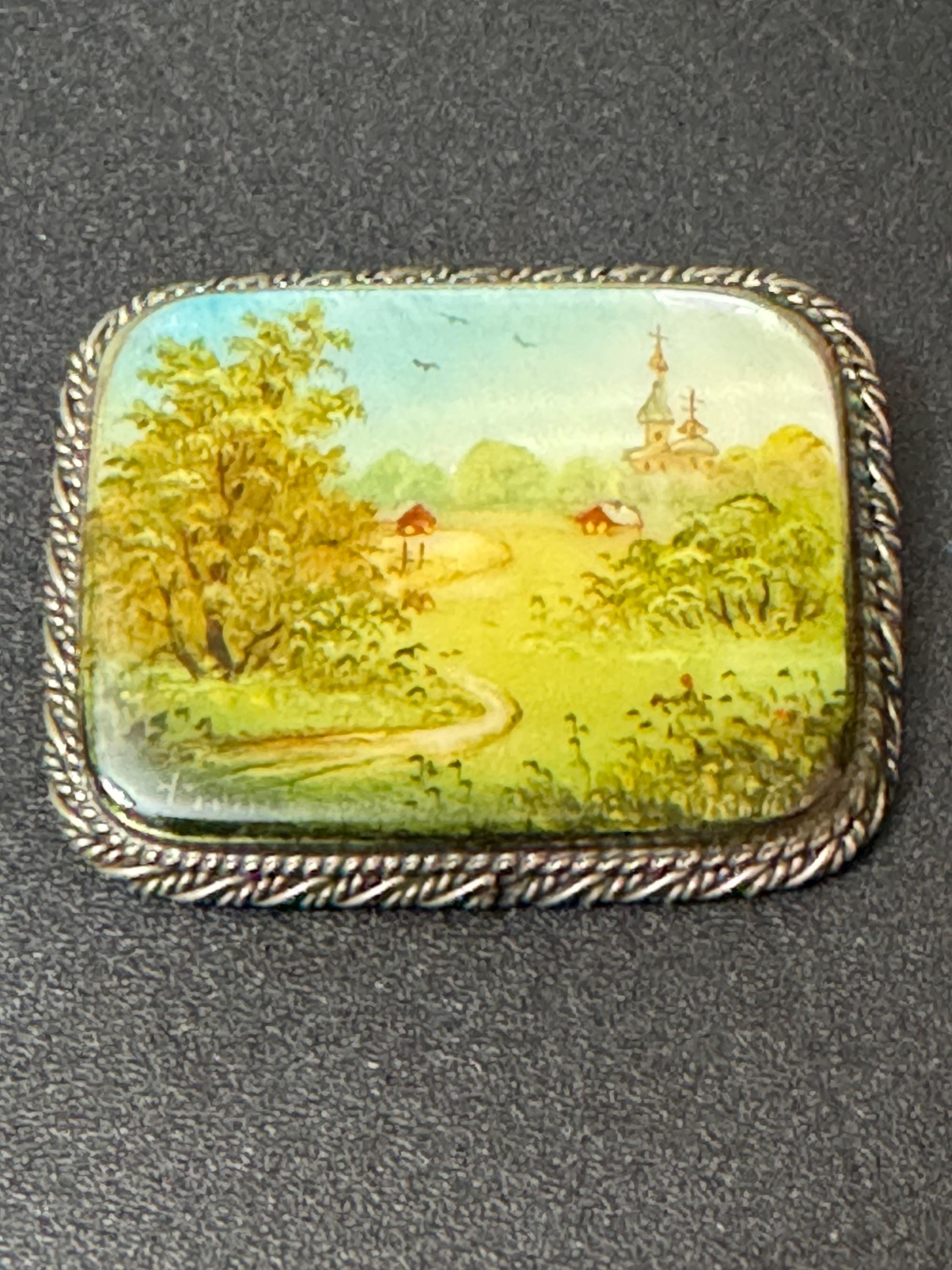 vintage hand painted on mother of pearl  country scene brooch silver tone
