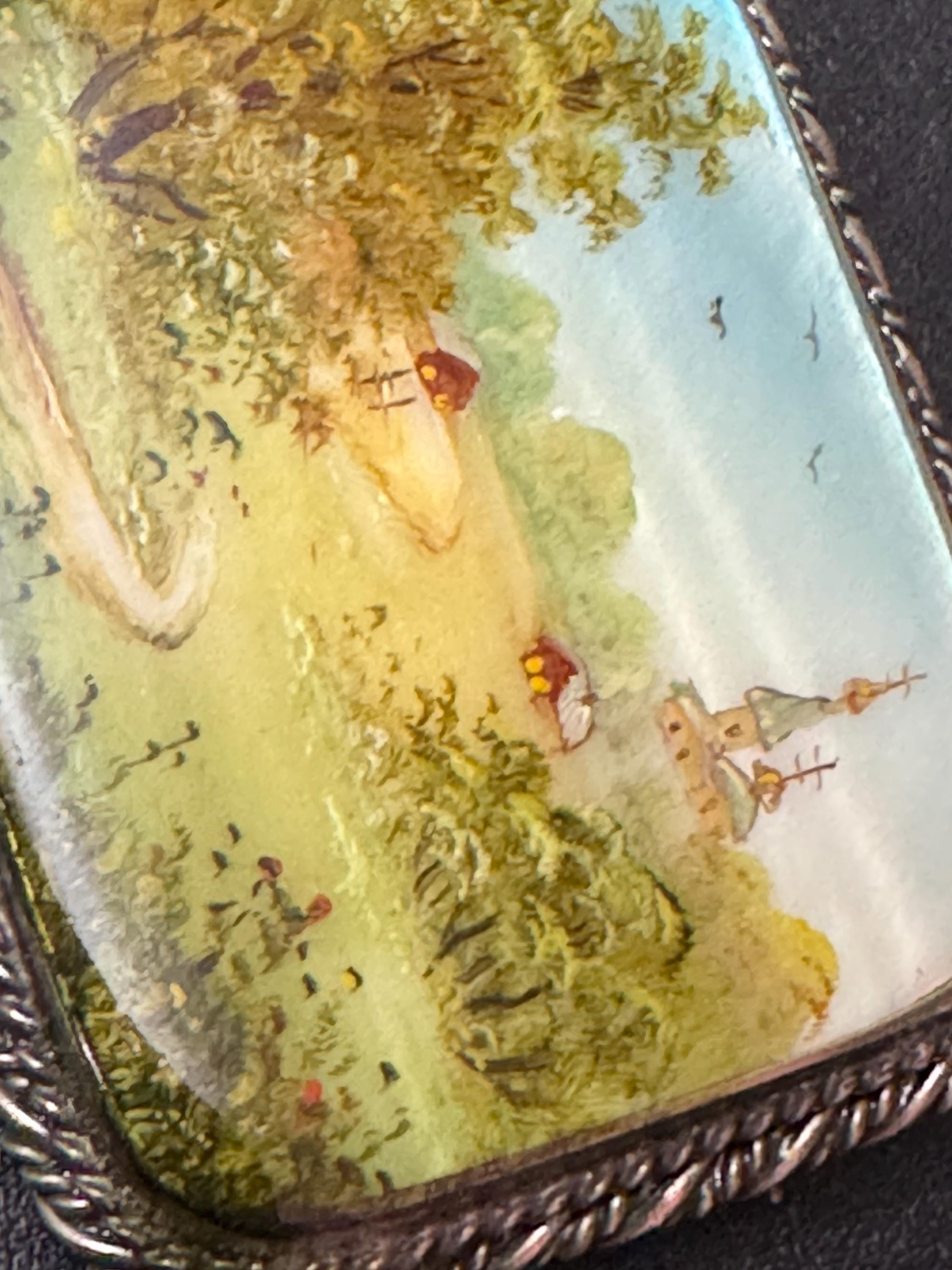 vintage hand painted on mother of pearl  country scene brooch silver tone