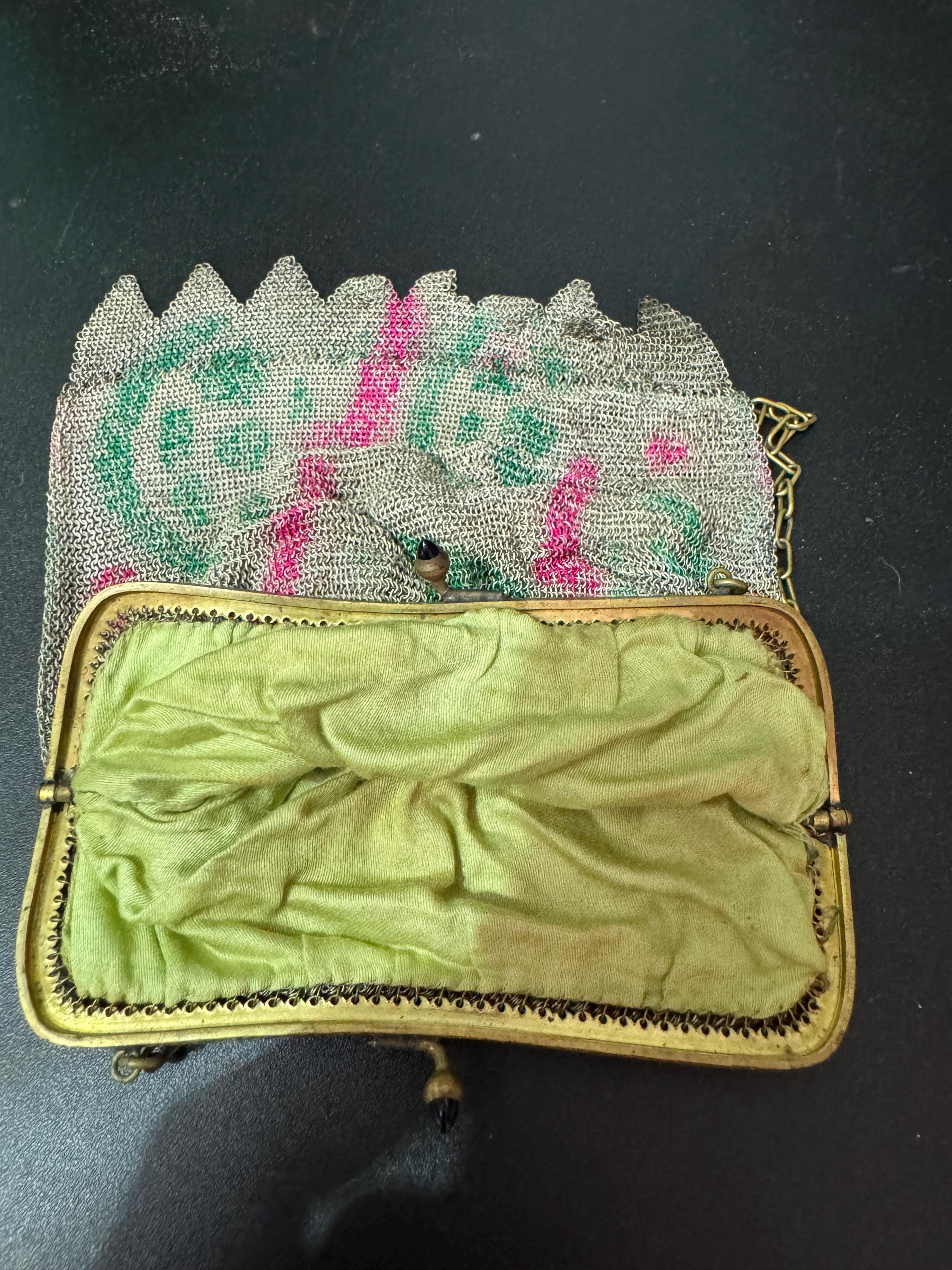 As found Antique pink green cold painted mesh chainmail evening bag black onyx clasp