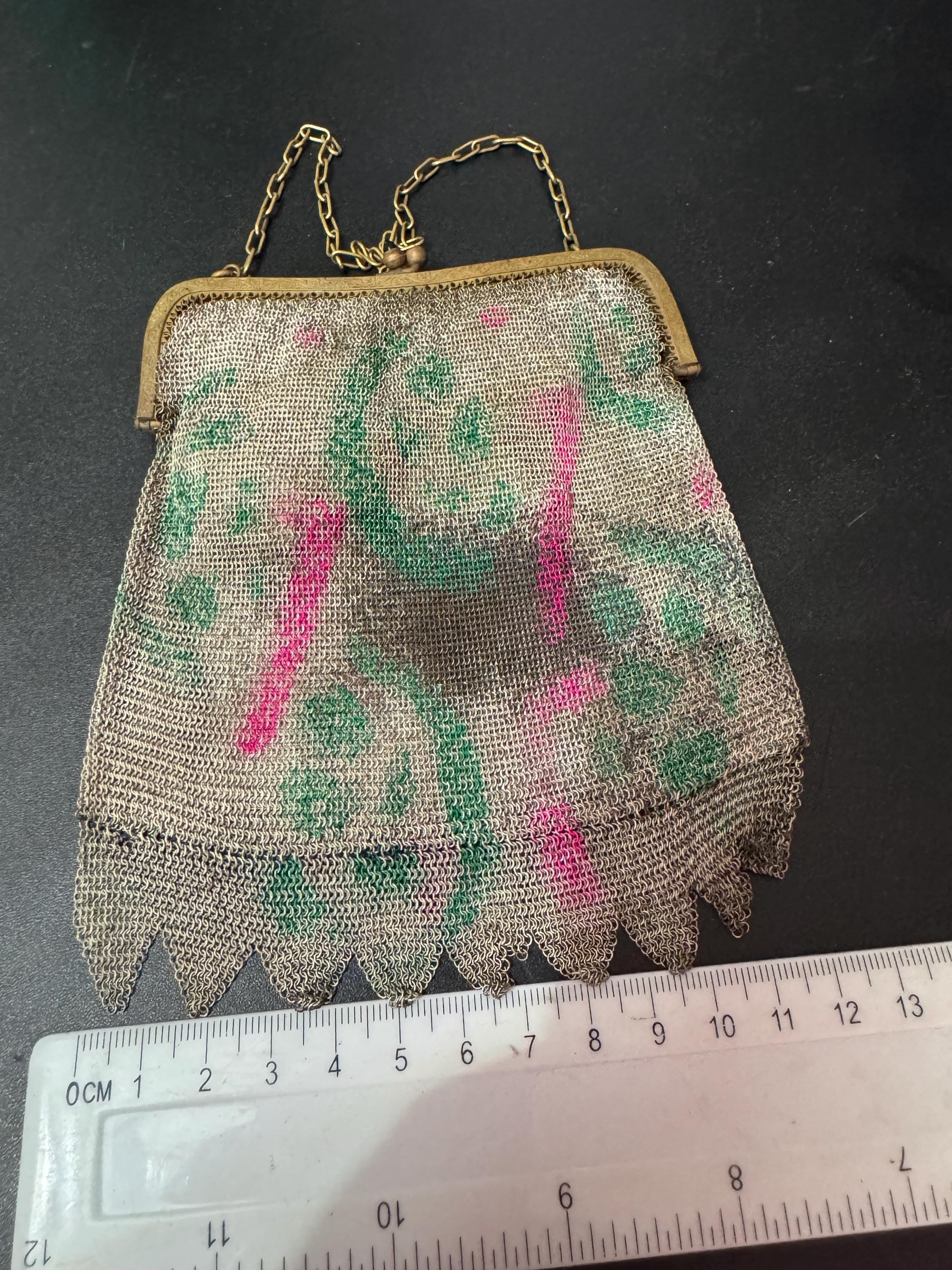 As found Antique pink green cold painted mesh chainmail evening bag black onyx clasp