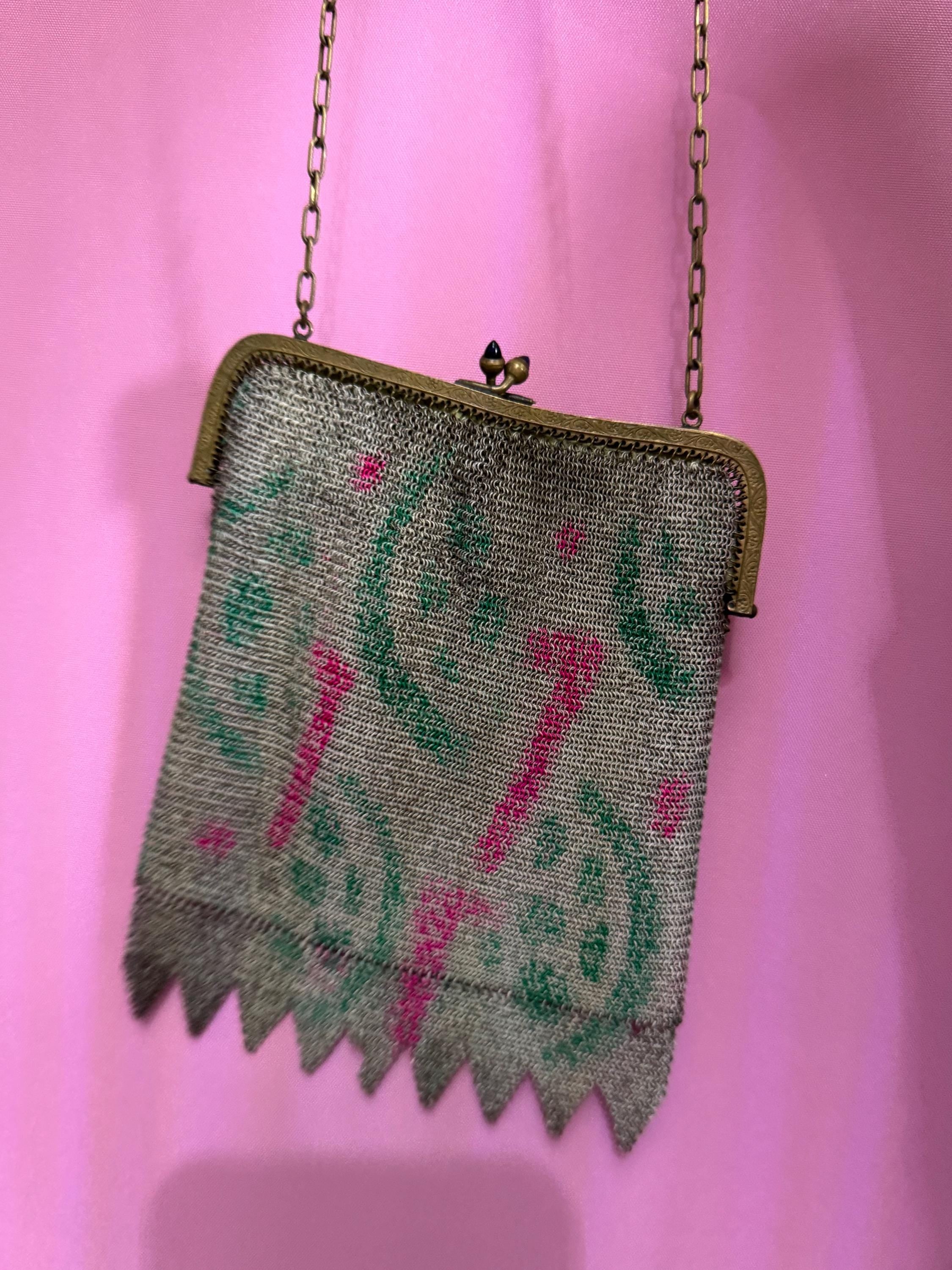 As found Antique pink green cold painted mesh chainmail evening bag black onyx clasp