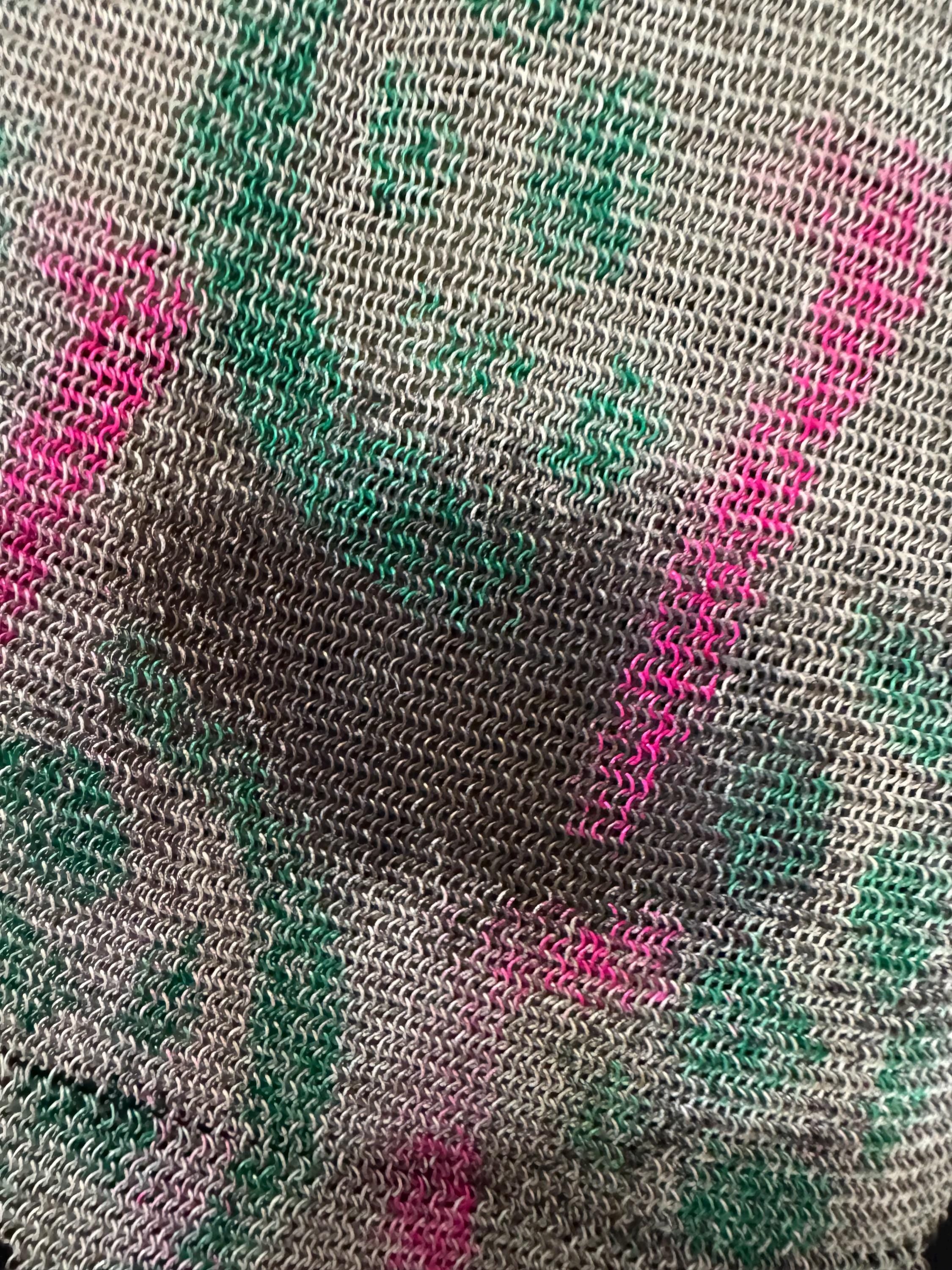 As found Antique pink green cold painted mesh chainmail evening bag black onyx clasp