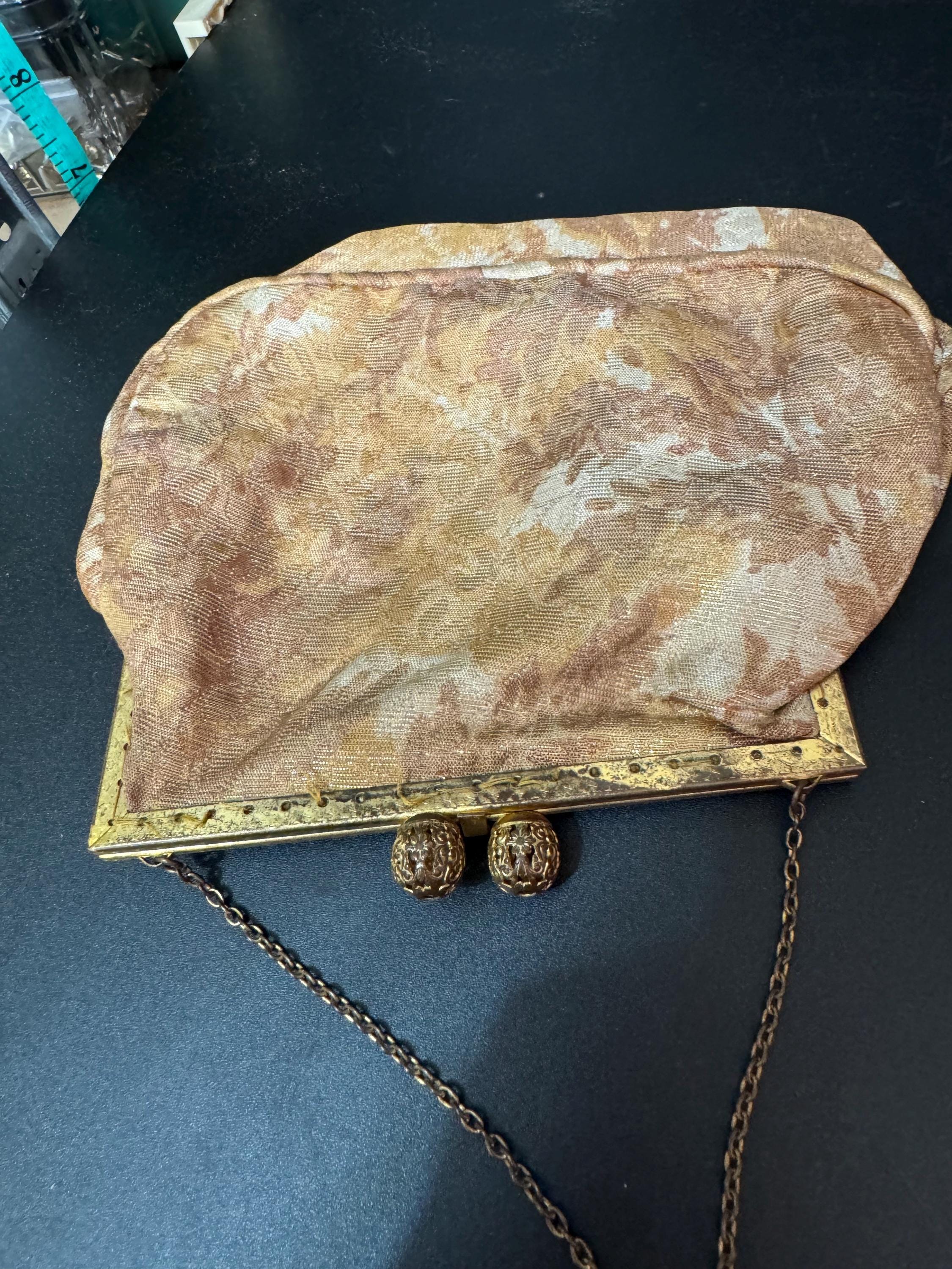 Vintage art deco gold orange brown autumnal toned gold Brocade Evening Bag Purse 1940s
