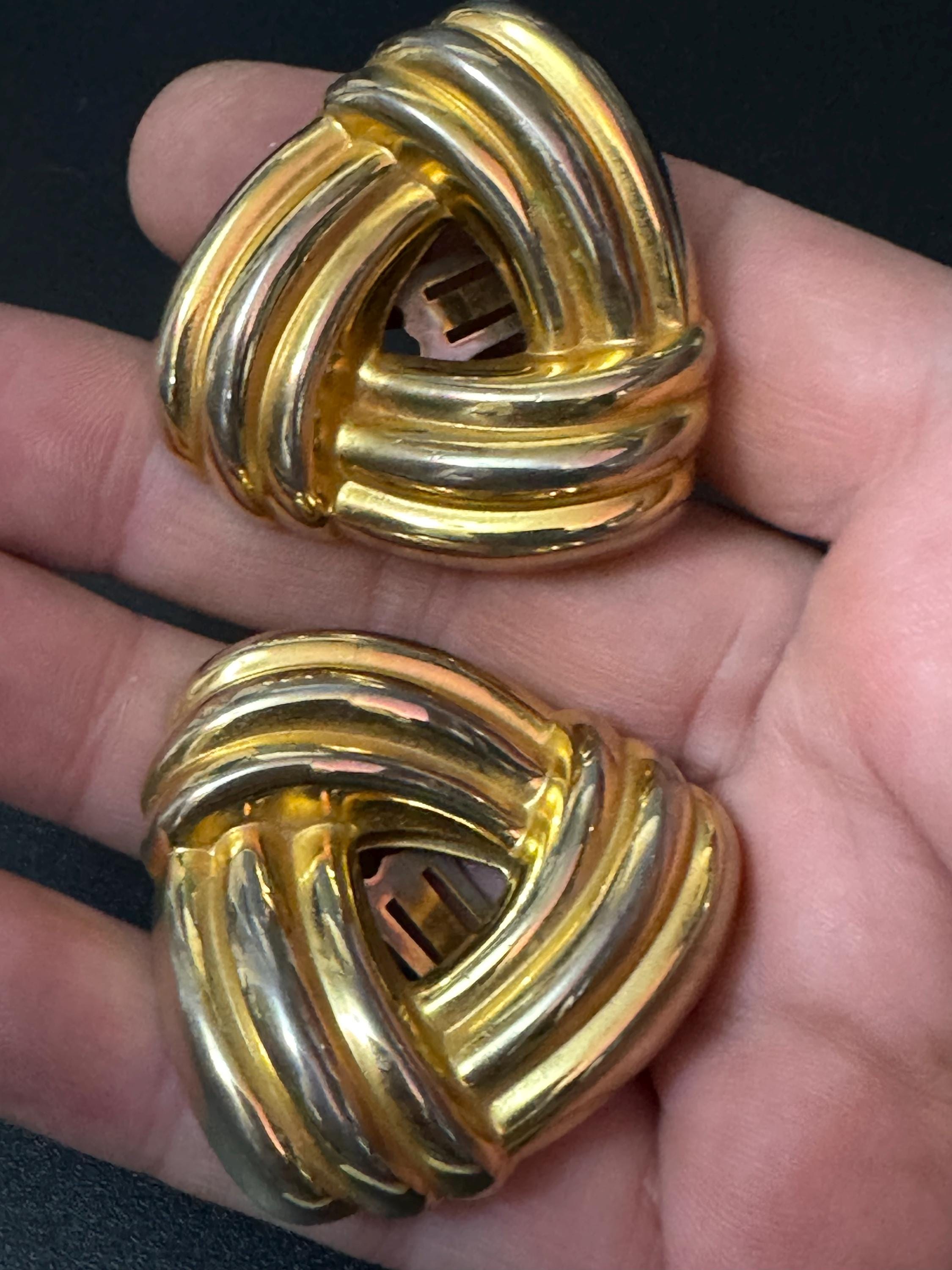 XL gold tone clip on Triangular button stud tube earrings 1980s