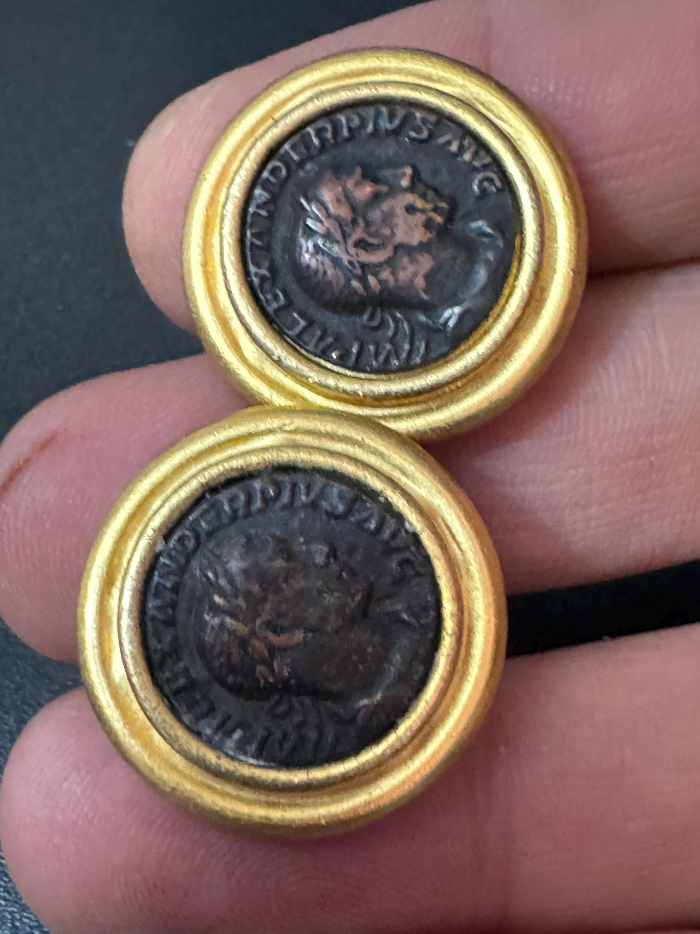 Etruscan style Matt gold statement black round Coin clip on earrings