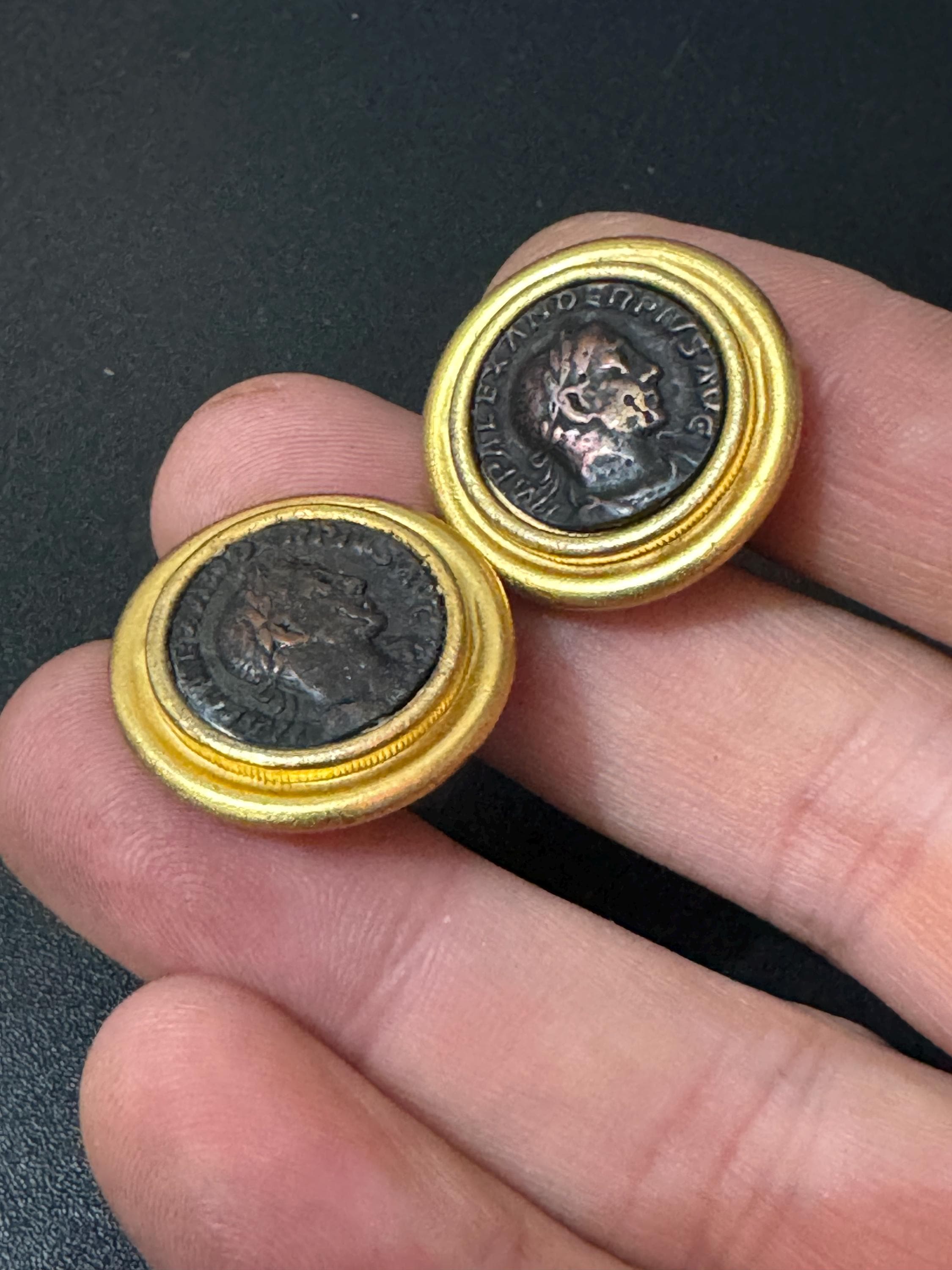 Etruscan style Matt gold statement black round Coin clip on earrings
