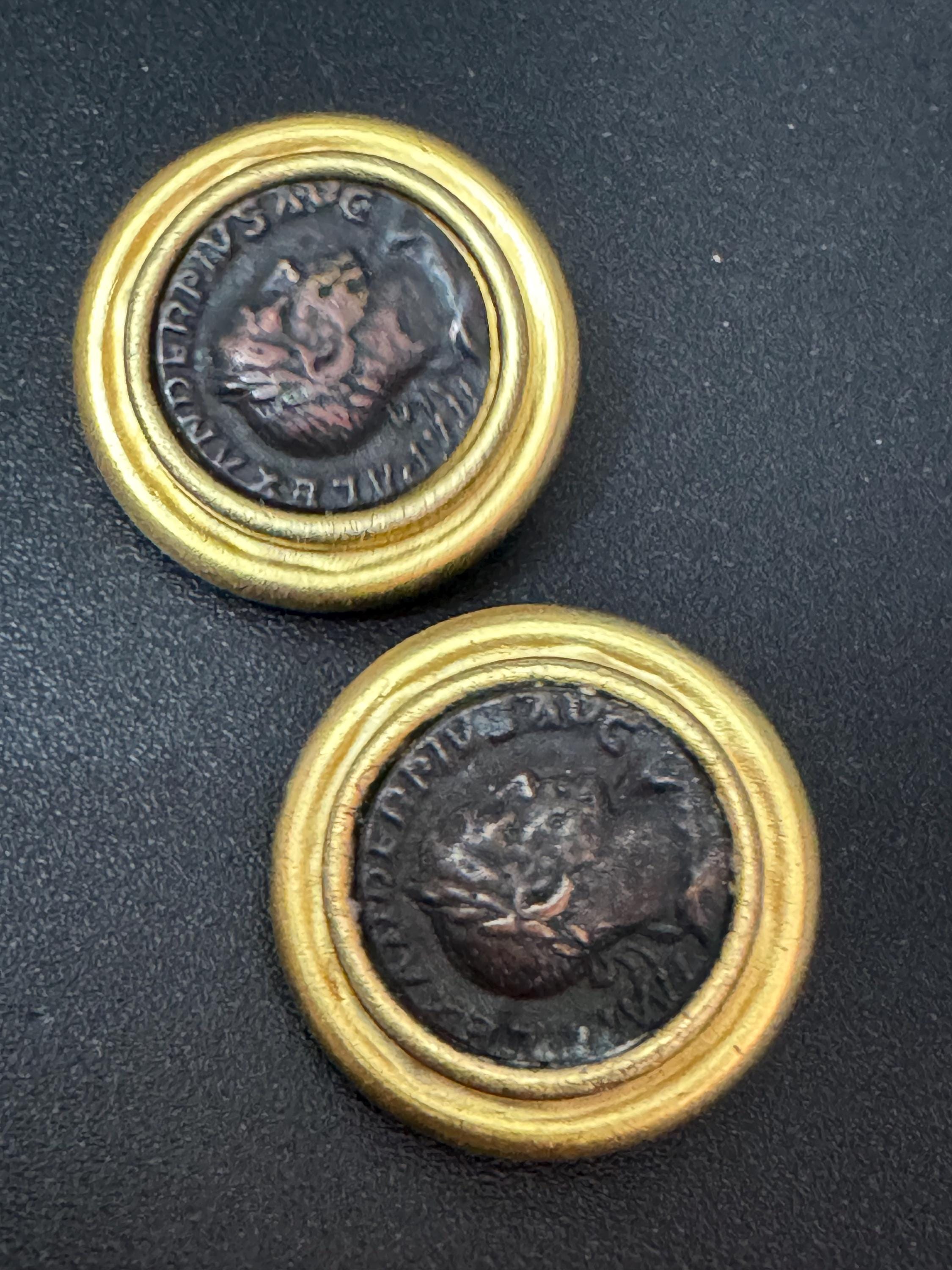 Etruscan style Matt gold statement black round Coin clip on earrings